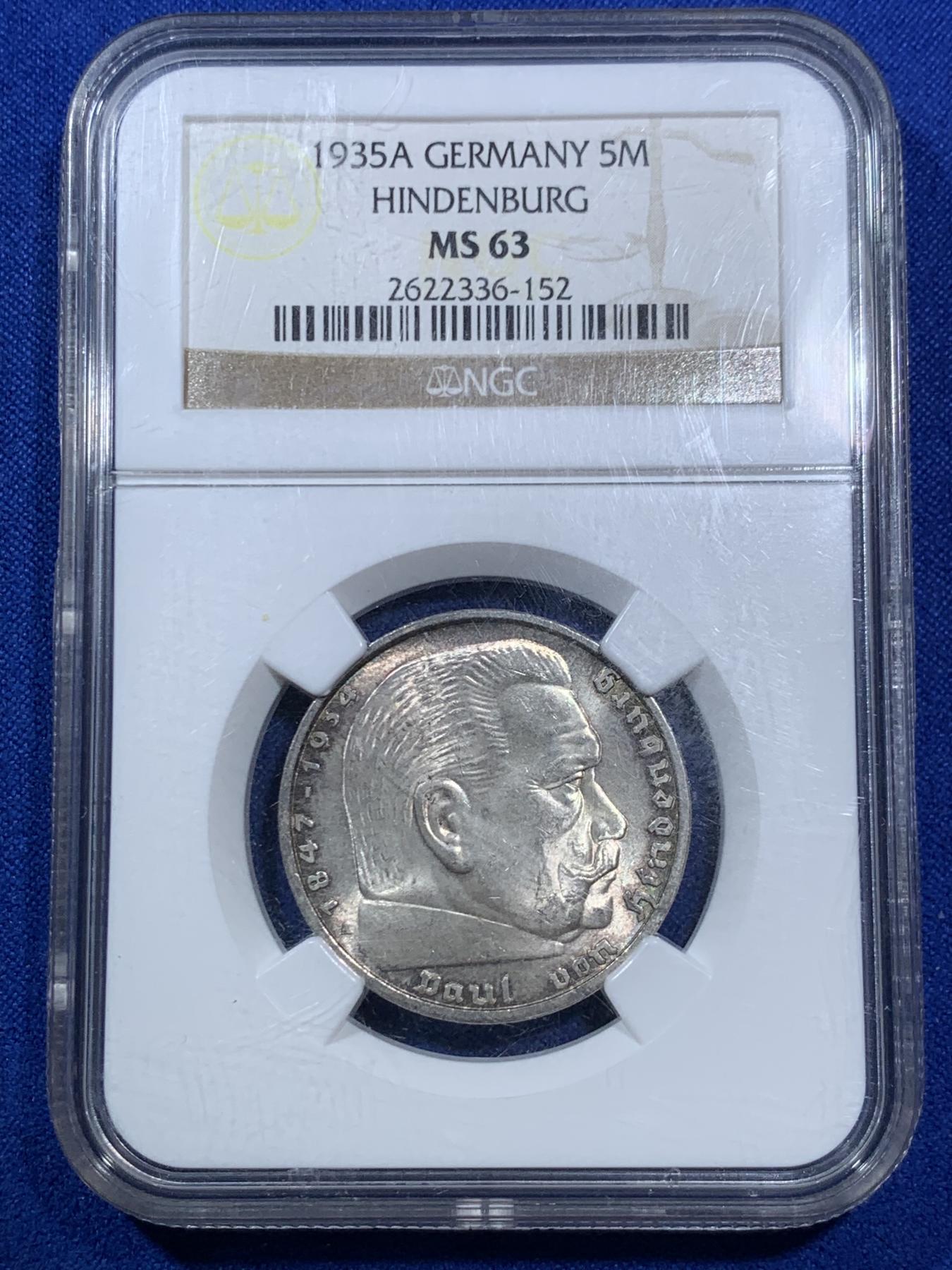 《竞宝斋》第270场- 周日，周一，周二  3场连拍 （全场包邮） NGC MS63 1935年德国5马克银币 BU车轮光 少见高分
