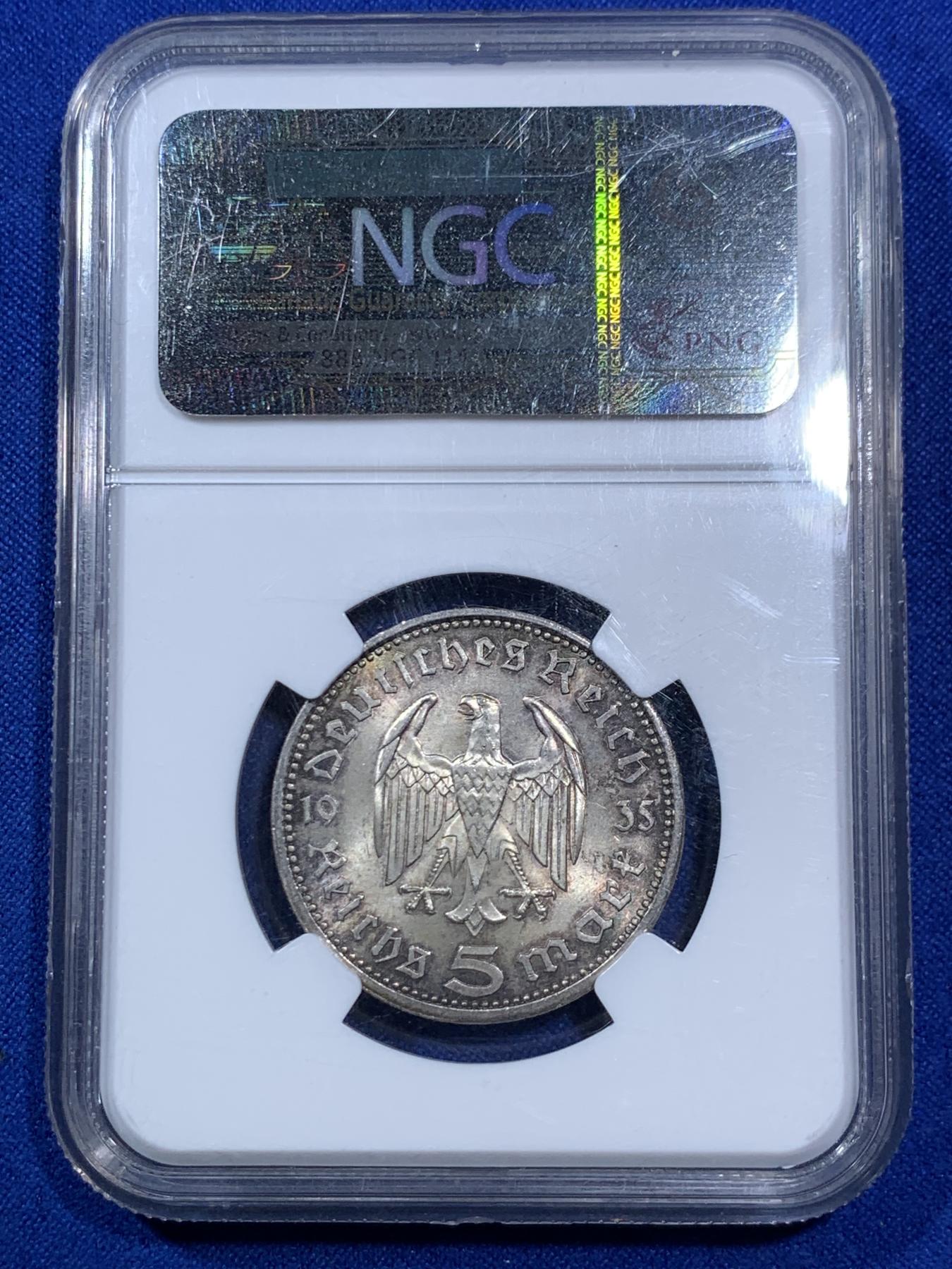 《竞宝斋》第270场- 周日，周一，周二  3场连拍 （全场包邮） NGC MS63 1935年德国5马克银币 BU车轮光 少见高分