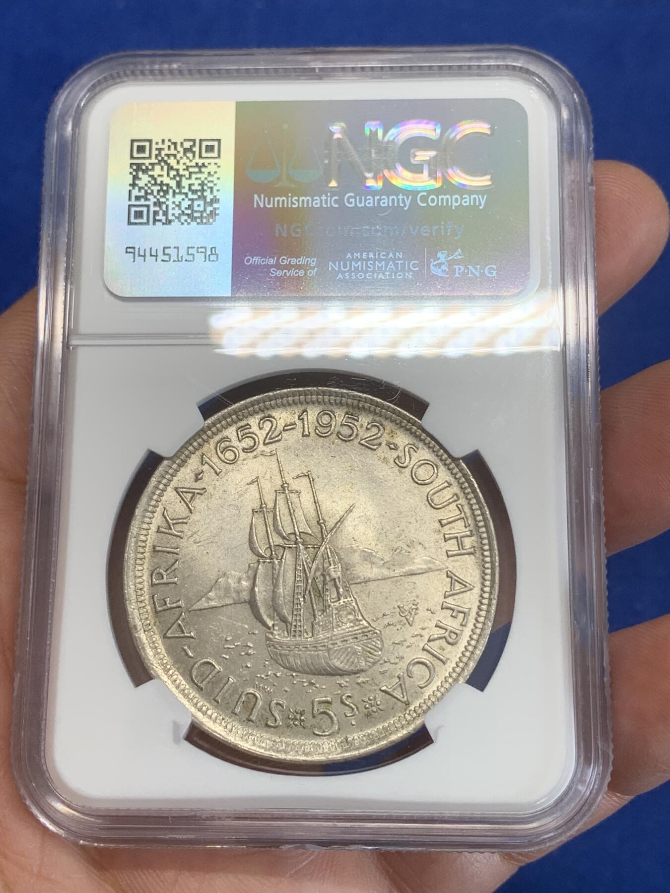 《竞宝斋》第270场- 周日，周一，周二  3场连拍 （全场包邮） NGC MS62 南非1952年乔六开普敦创立纪念5先令大银币 底光不错