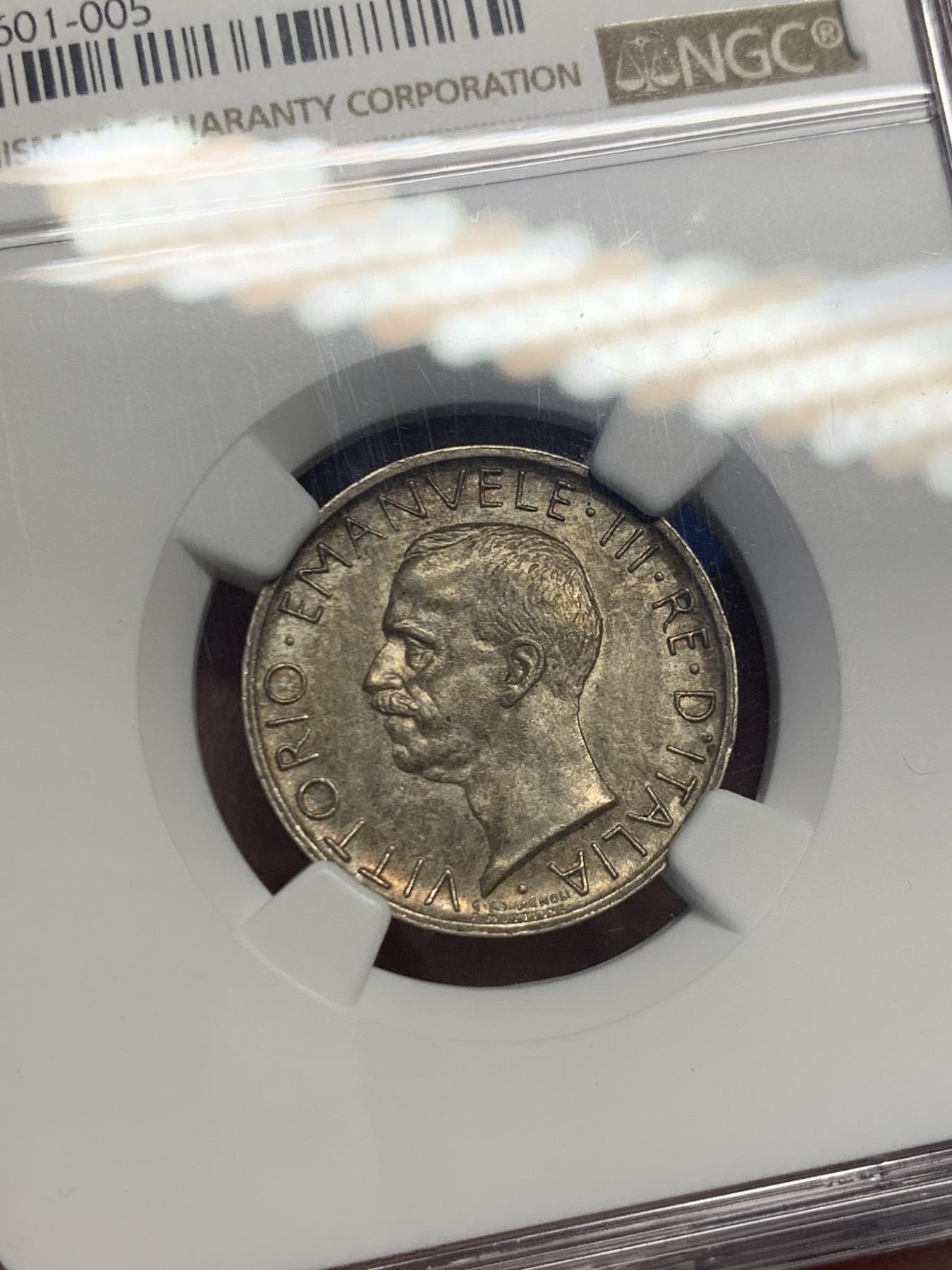 《竞宝斋》第270场- 周日，周一，周二  3场连拍 （全场包邮） NGC MS63 意大利1929年5里拉银币双星版 带彩老包浆 鹰羽纤毫毕现 状态不错