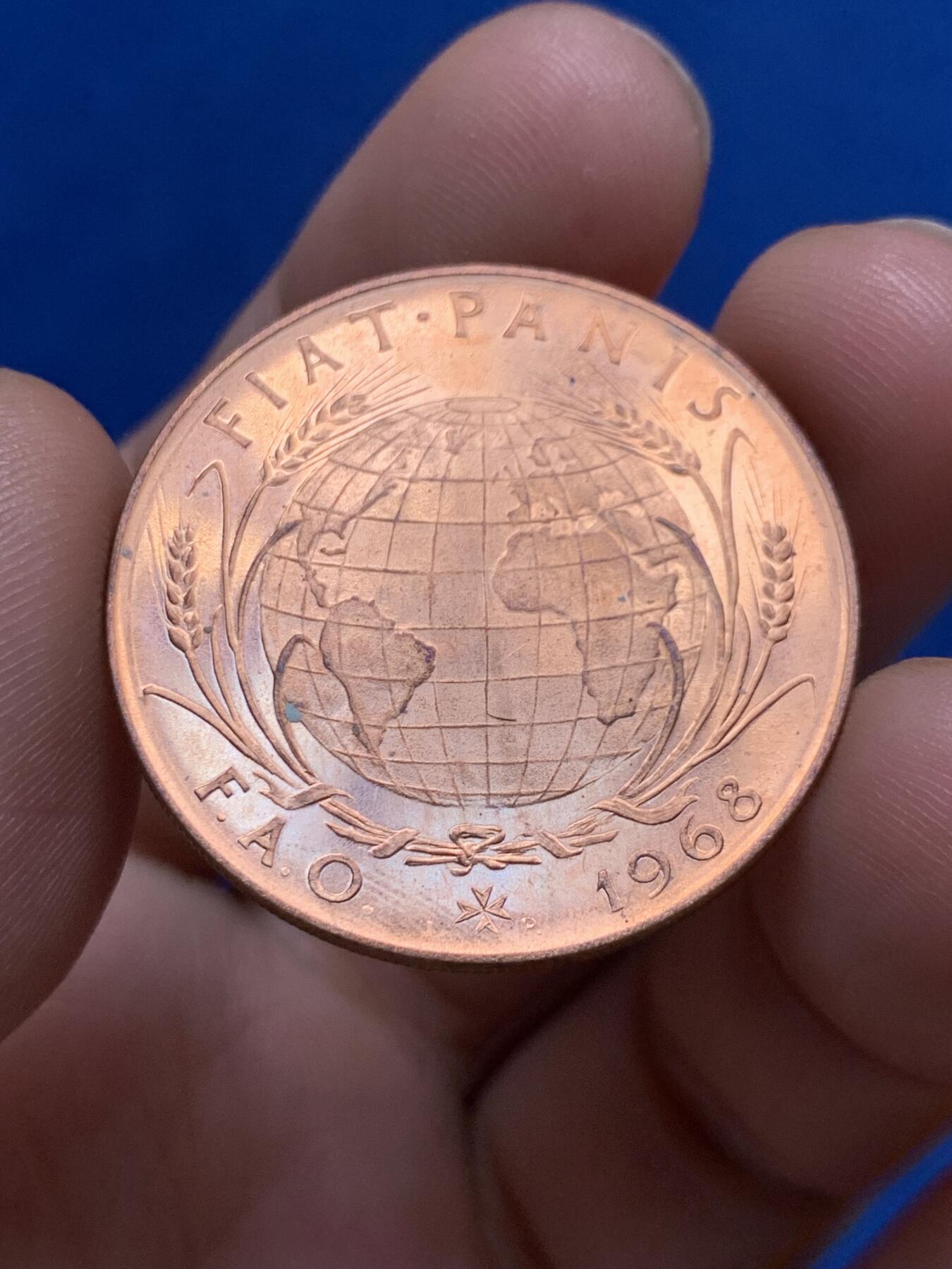 《竞宝斋》第270场- 周日，周一，周二  3场连拍 （全场包邮） 马耳他1968年粮农组织2塔里精制UNC铜章