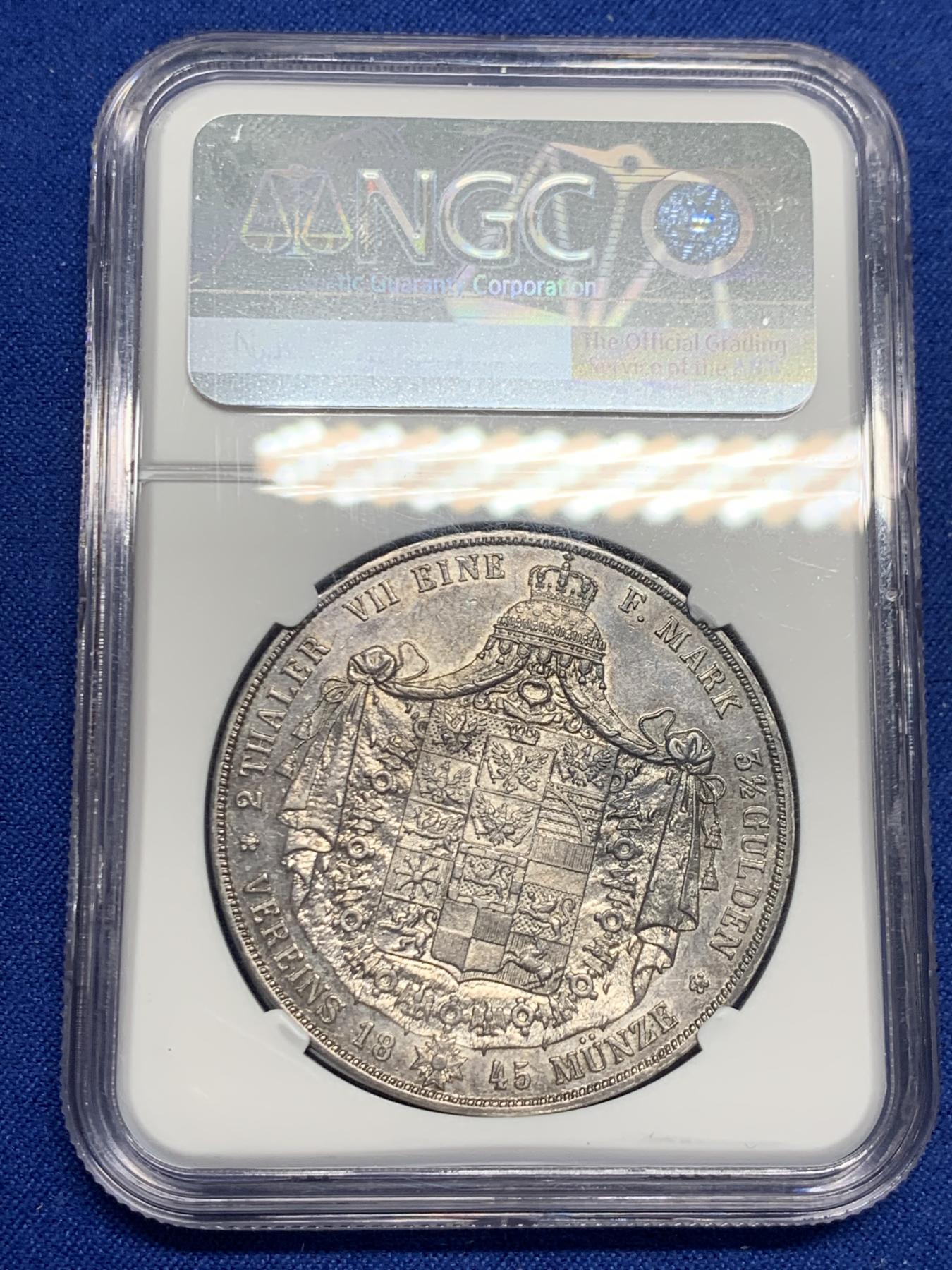 《竞宝斋》第270场- 周日，周一，周二  3场连拍 （全场包邮） NGC AU58 普鲁士 1854年 洋葱头大窗帘 2泰勒银币 37克大银币 细节好 底板光度也好