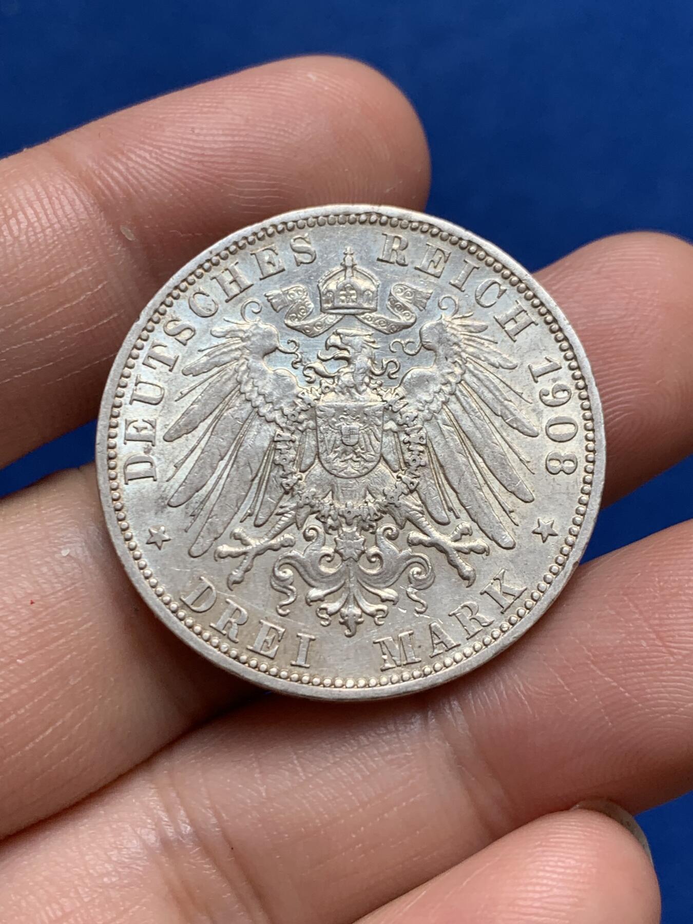 《竞宝斋》第270场- 周日，周一，周二  3场连拍 （全场包邮） 德国普鲁士1908年威廉二世3马克银币