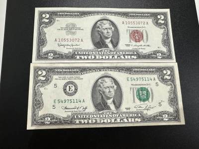 《外钞收藏家》第三百七十期（美洲纸币+其他） - 政府券1963年2美元 全新+联邦储备券1876年2美元UNC- 两张一起