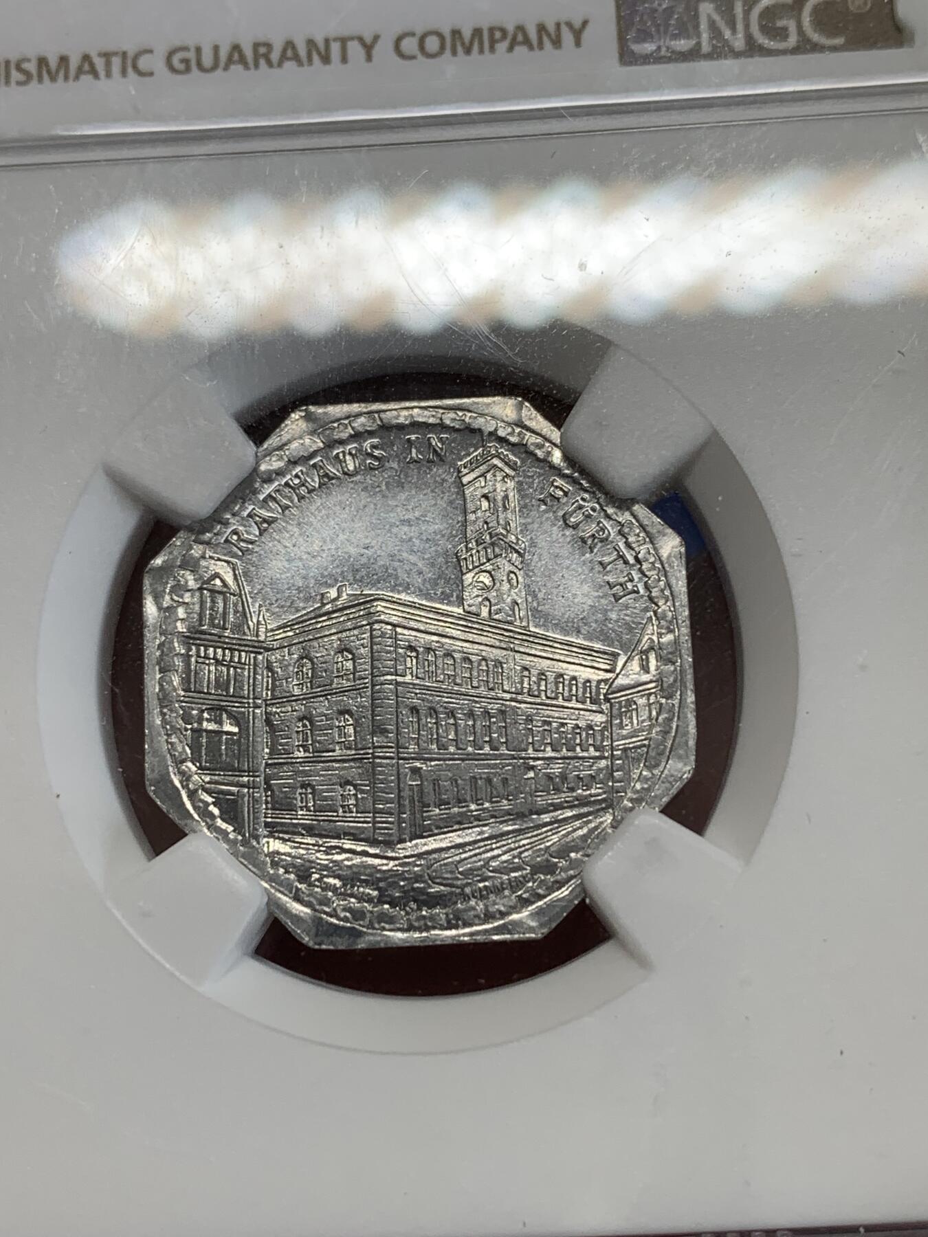 《竞宝斋》第270场- 周日，周一，周二  3场连拍 （全场包邮） NGC MS62 德国德紧纽伦堡电车代用币20芬尼八角币