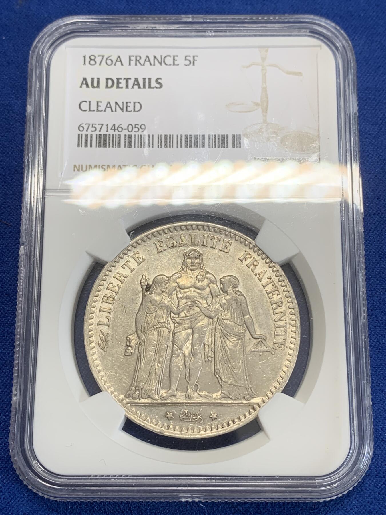 《竞宝斋》第270场- 周日，周一，周二  3场连拍 （全场包邮） NGC AUD 法国1876年大力神5法郎银币