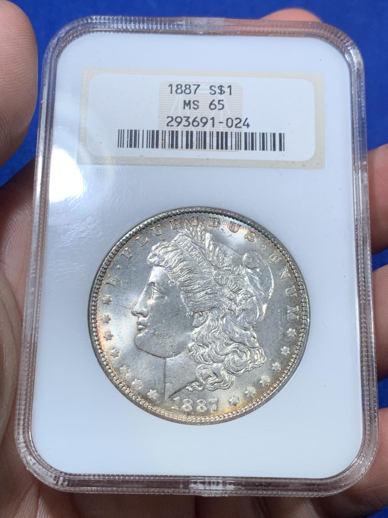 《竞宝斋》第270场- 周日，周一，周二  3场连拍 （全场包邮） NGC MS65 美国 1887年 摩根银币 环彩 状态好