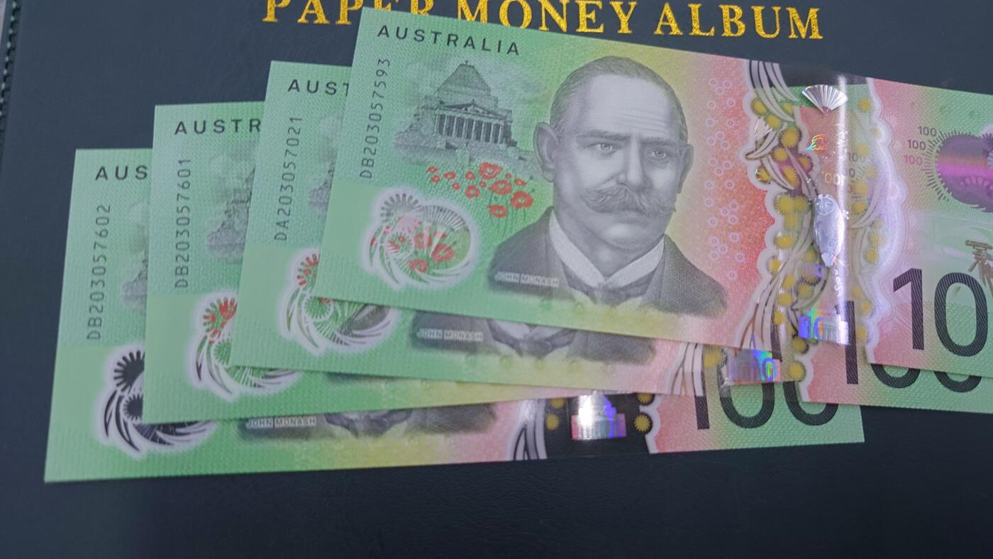 【世界钱币】精选微拍第107期暨2024年第18期  评级币裸钞混合版低价起拍 【一口价已售出】2020年澳大利亚100元 全新绝品如图四张为一件一起拍 全程无4