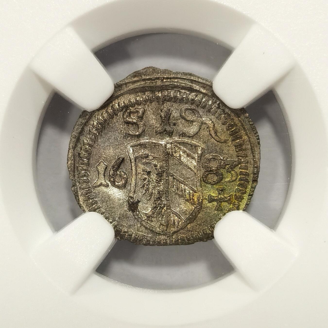 博洋堂世界钱币拍卖第078期（全场包邮） NGC MS63 德国纽伦堡1683年盾徽1芬尼单面小银币