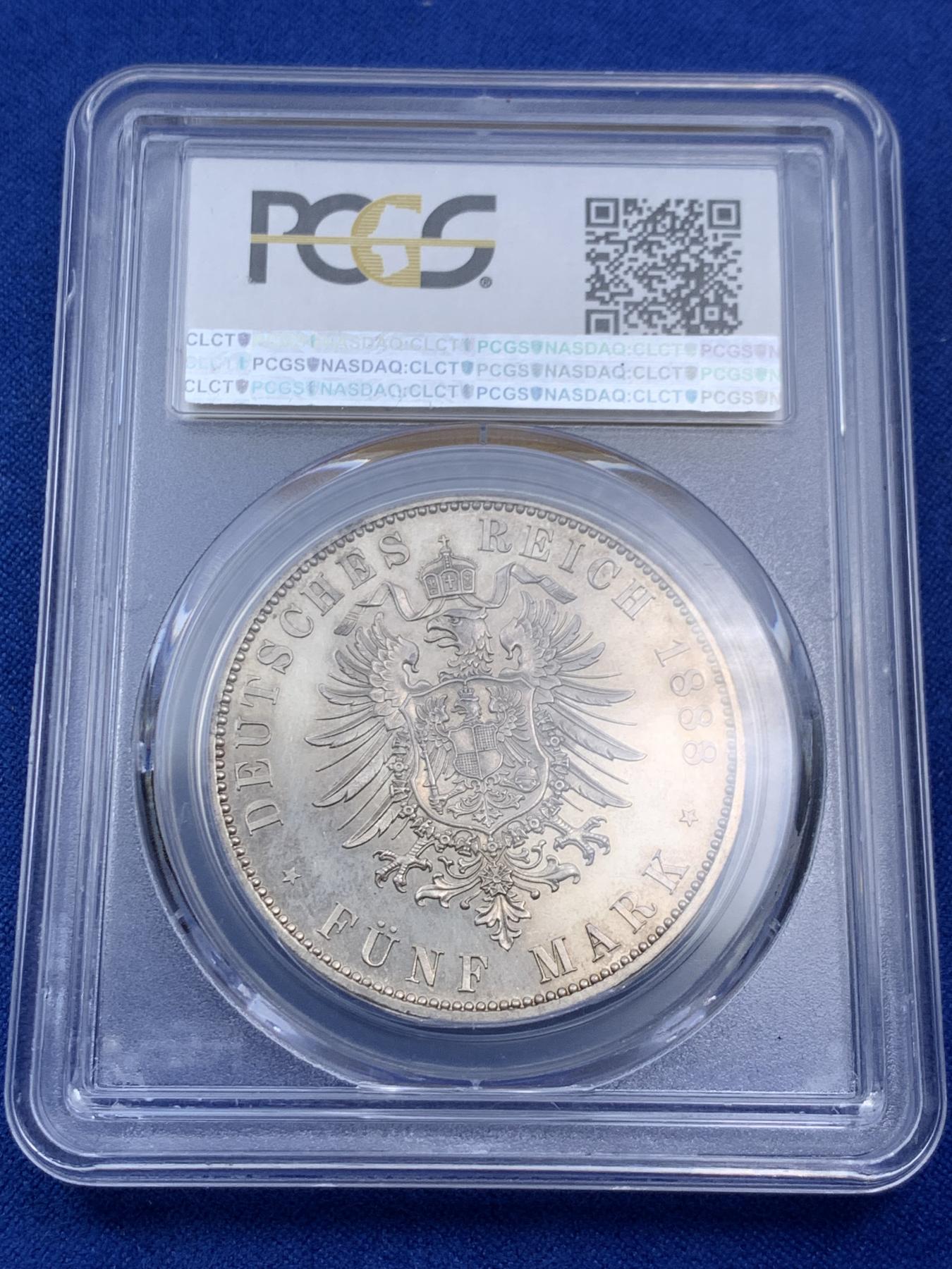 《竞宝斋》第270场- 周日，周一，周二  3场连拍 （全场包邮） PCGS PR62 德国 1888年 弗里德里希三世 德意志皇帝与普鲁士国王 精制版 5马克 大银币 如镜底面 非常的漂亮