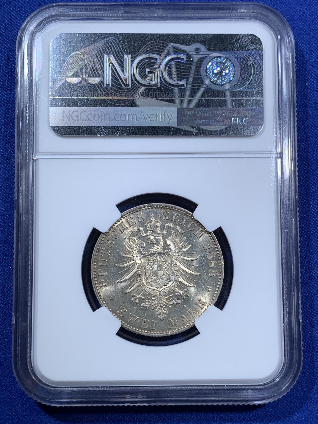 《竞宝斋》第270场- 周日，周一，周二  3场连拍 （全场包邮） NGC MS62 德意志帝国 1888年 2马克 银币