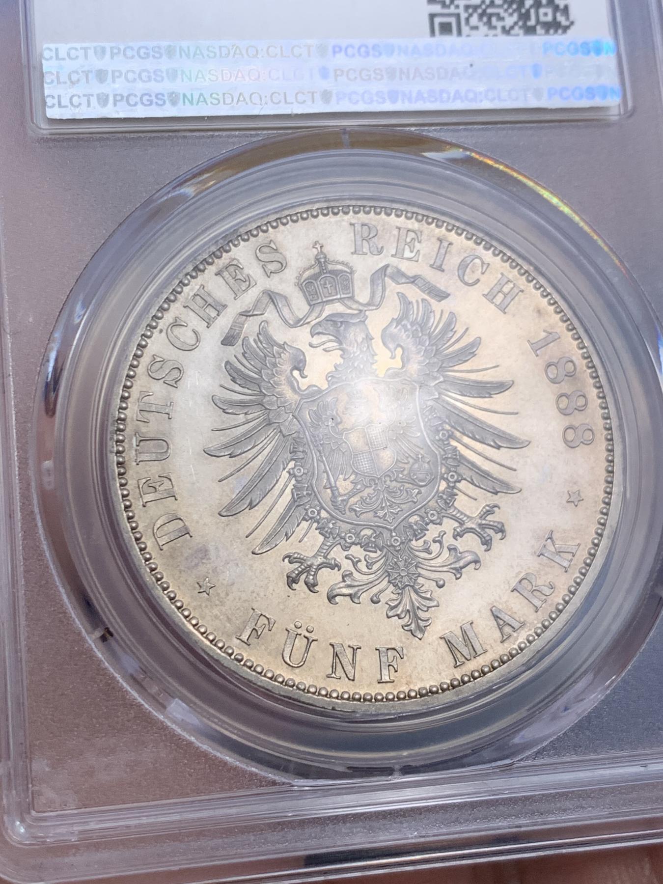 《竞宝斋》第270场- 周日，周一，周二  3场连拍 （全场包邮） PCGS PR62 德国 1888年 弗里德里希三世 德意志皇帝与普鲁士国王 精制版 5马克 大银币 如镜底面 非常的漂亮