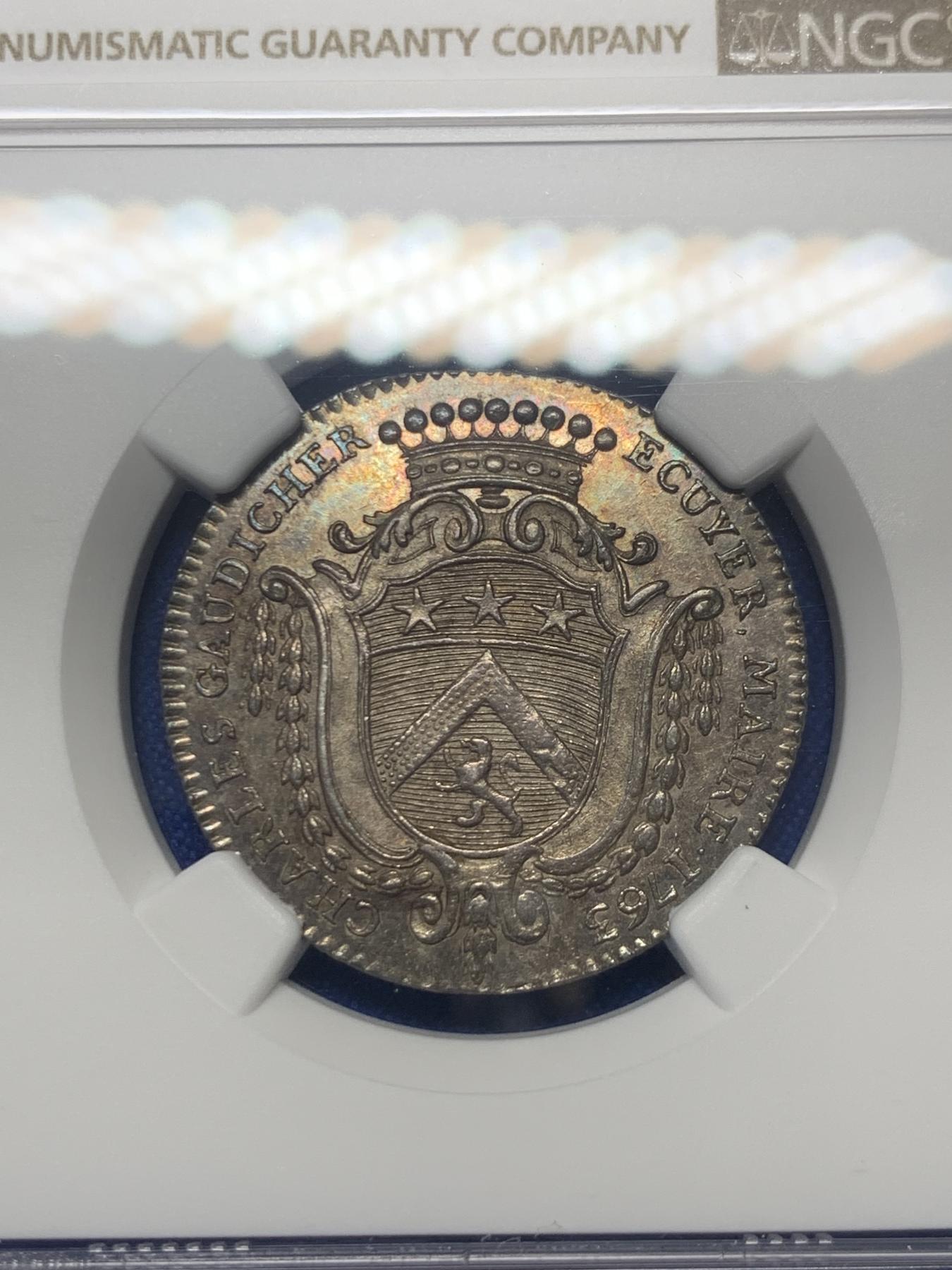 《竞宝斋》第271场-八角与章专场 周日，周一，周二  3场连拍 （全场包邮） NGC-MS63 法国1763年昂热市市长查尔斯·戈迪歇家族纹章银质代币