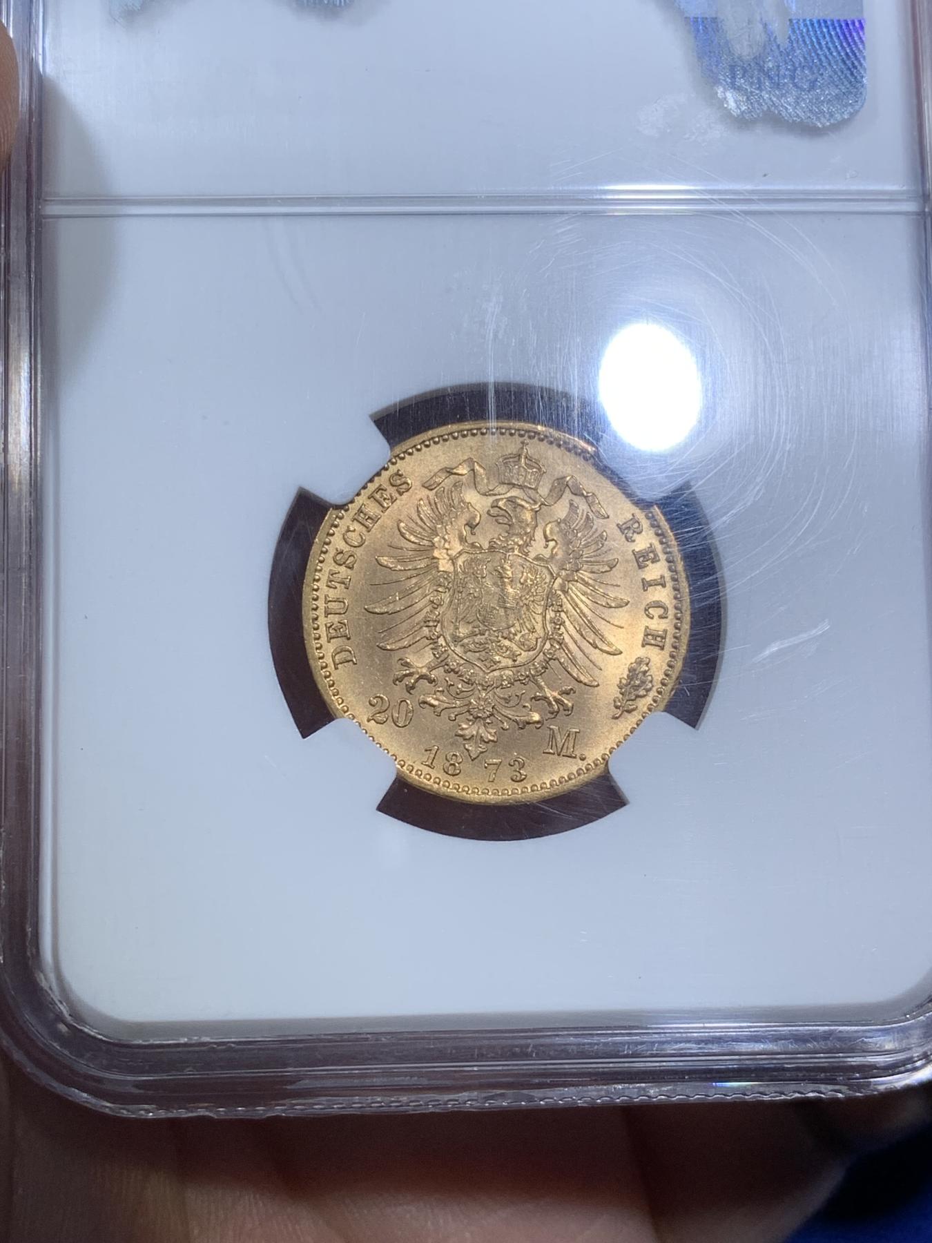 《竞宝斋》第270场- 周日，周一，周二  3场连拍 （全场包邮） NGC MS64 德国1873符腾堡20马克金币 转光高分 可藏