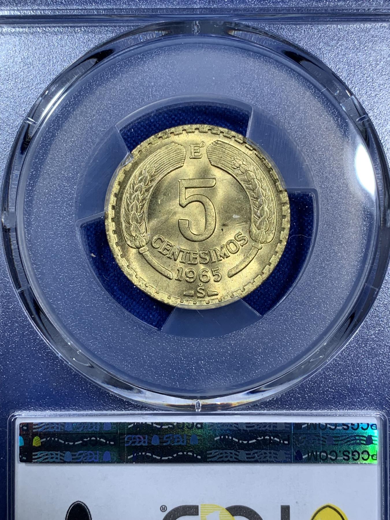 《竞宝斋》第270场- 周日，周一，周二  3场连拍 （全场包邮） PCGS金盾 MS67 智利高分飞鹰1965年5分铜币 冠军分