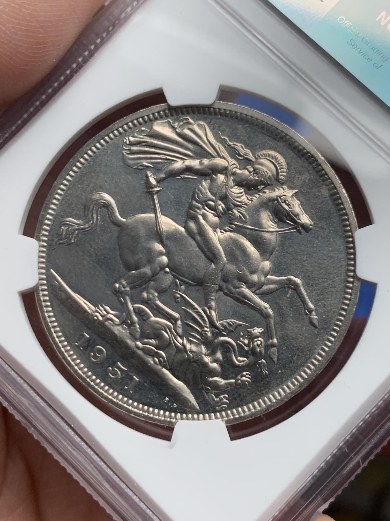 《竞宝斋》第270场- 周日，周一，周二  3场连拍 （全场包邮） NGC PL63 英国1951年乔治六世1克朗镍马剑 状态不错