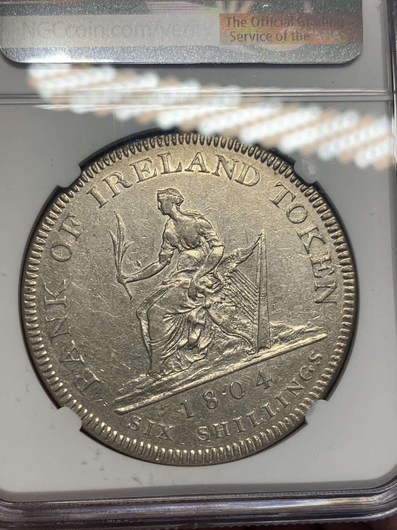 《竞宝斋》第270场- 周日，周一，周二  3场连拍 （全场包邮） NGC AU50 英国 1804年 乔治三世爱尔兰 银行6先令银币 比英格兰版本少很多