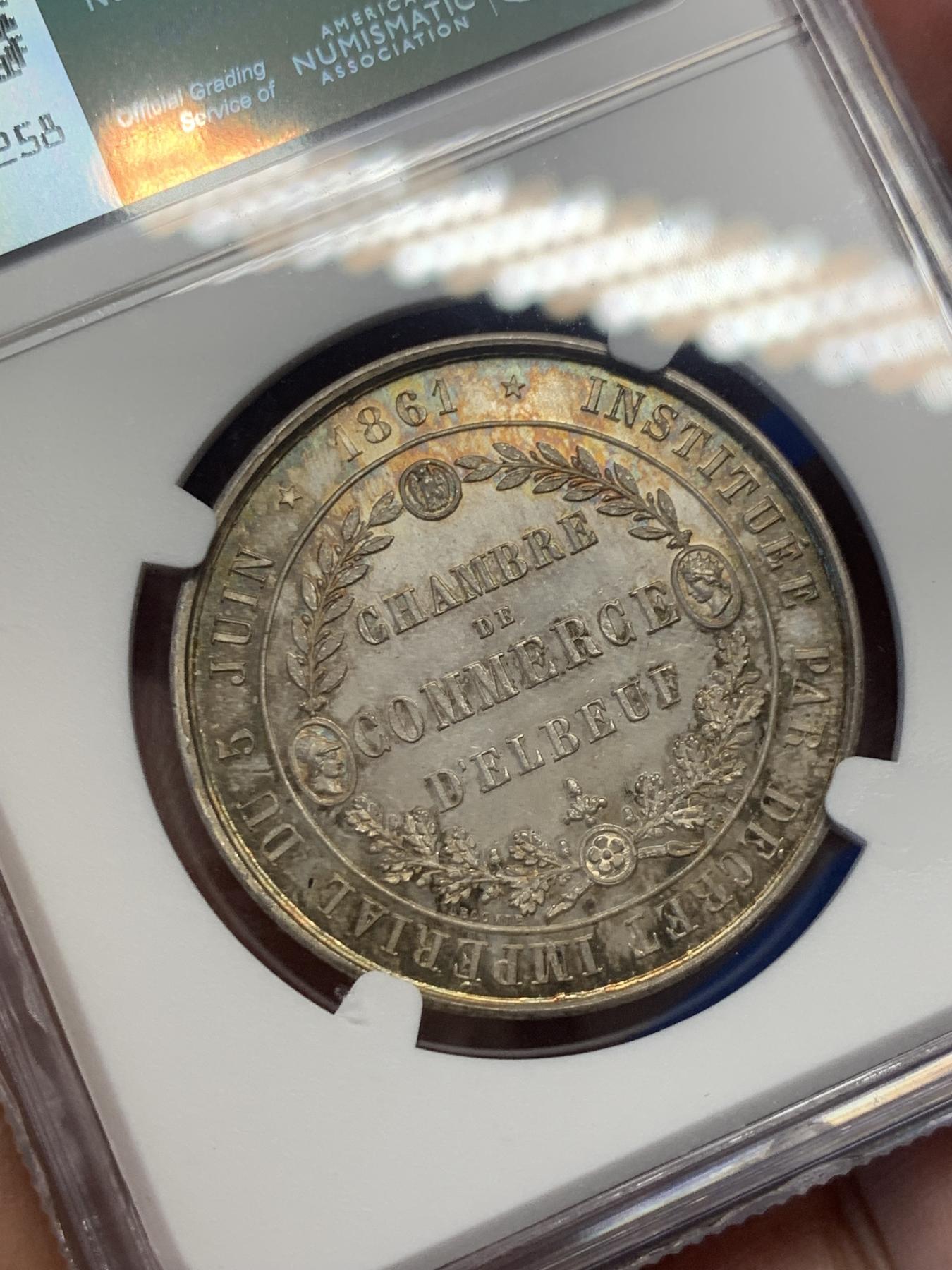 《竞宝斋》第271场-八角与章专场 周日，周一，周二  3场连拍 （全场包邮） NGC-MS65 法国埃尔伯夫商会银质jeton