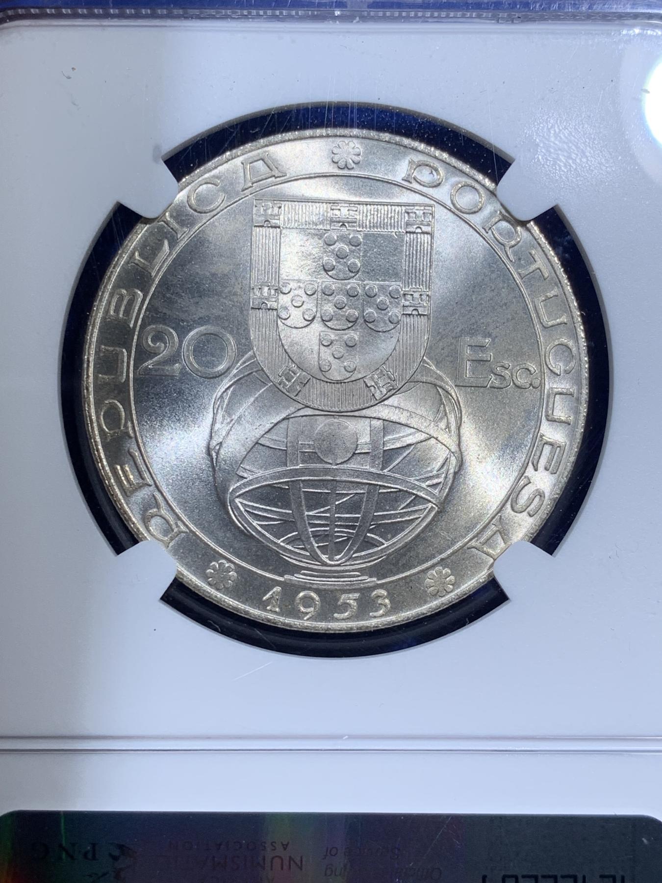 《竞宝斋》第270场- 周日，周一，周二  3场连拍 （全场包邮） NGC MS66 葡萄牙1953年金融改革制度25周年20埃斯库多银币