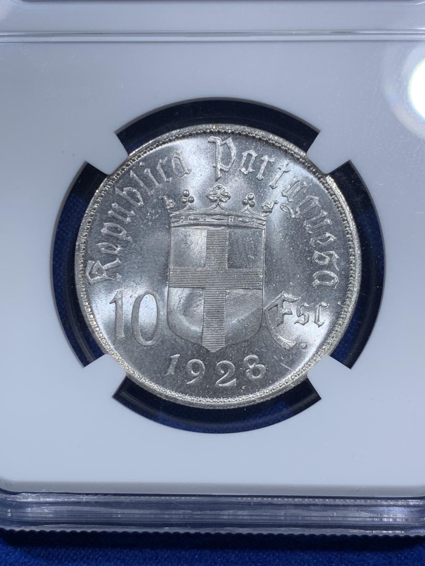 《竞宝斋》第270场- 周日，周一，周二  3场连拍 （全场包邮） NGC MS65 葡萄牙1928年奥里基战役10埃斯库多纪念银币