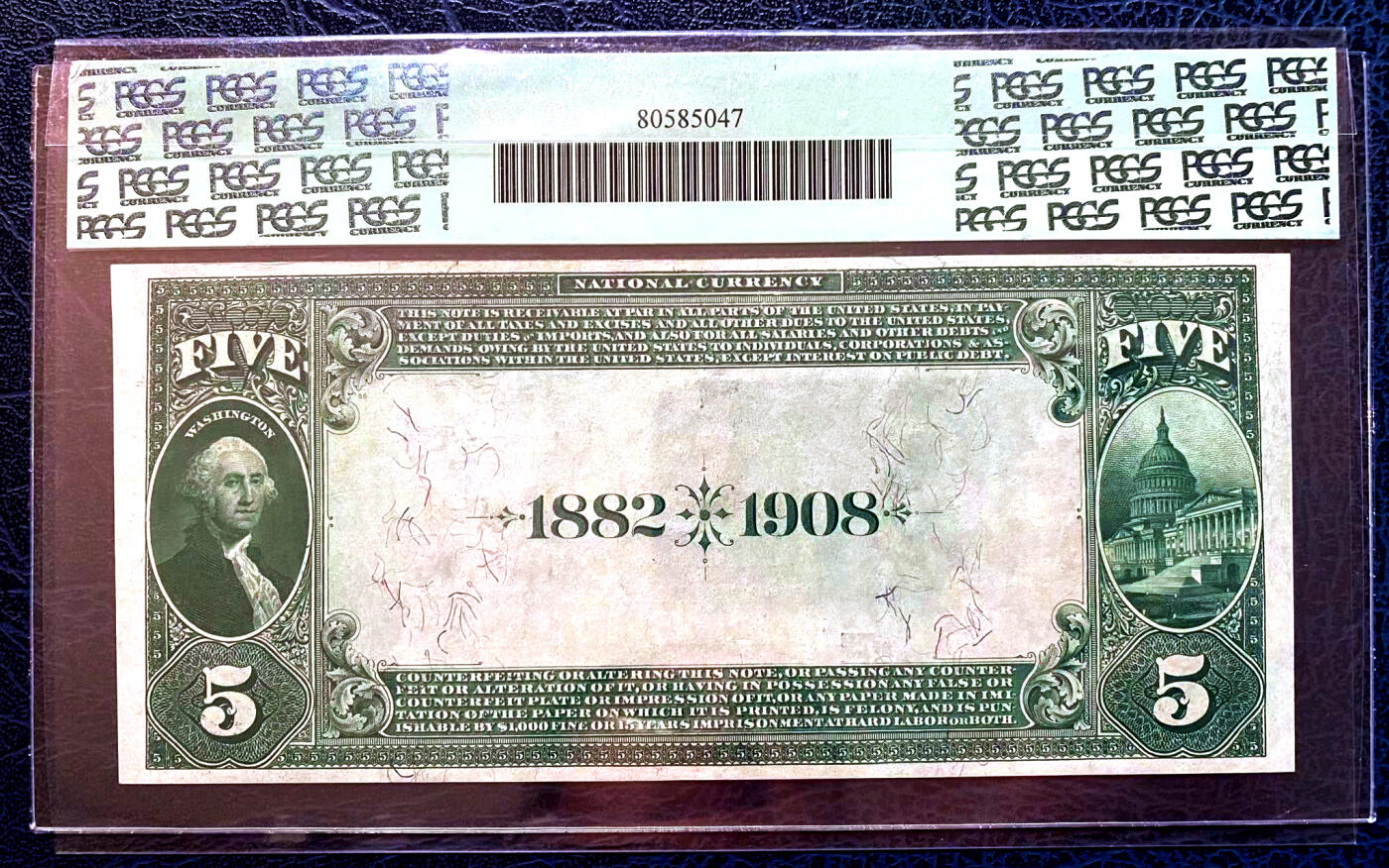 【Blue Auction】✨世界纸币精拍第479期【精】     【该银行 Date Back版本少见】美国 费城富兰克林国家银行1882年5美金 美国第20任总统詹姆斯·艾伯拉姆·加菲尔德 蓝库印PCGS64EPQ绿标 全新原票 凹凸感佳 人像雕刻极致 尤其是胡子 背面华盛顿头像和白宫 大涨品种 值得收藏  