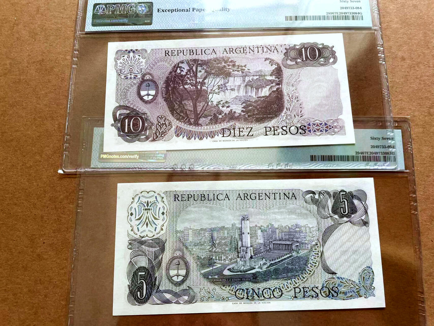 【Blue Auction】✨世界纸币精拍第479期【精】 【一组2张】阿根廷 1970-76年5-10比索  PMG67EPQ 高分