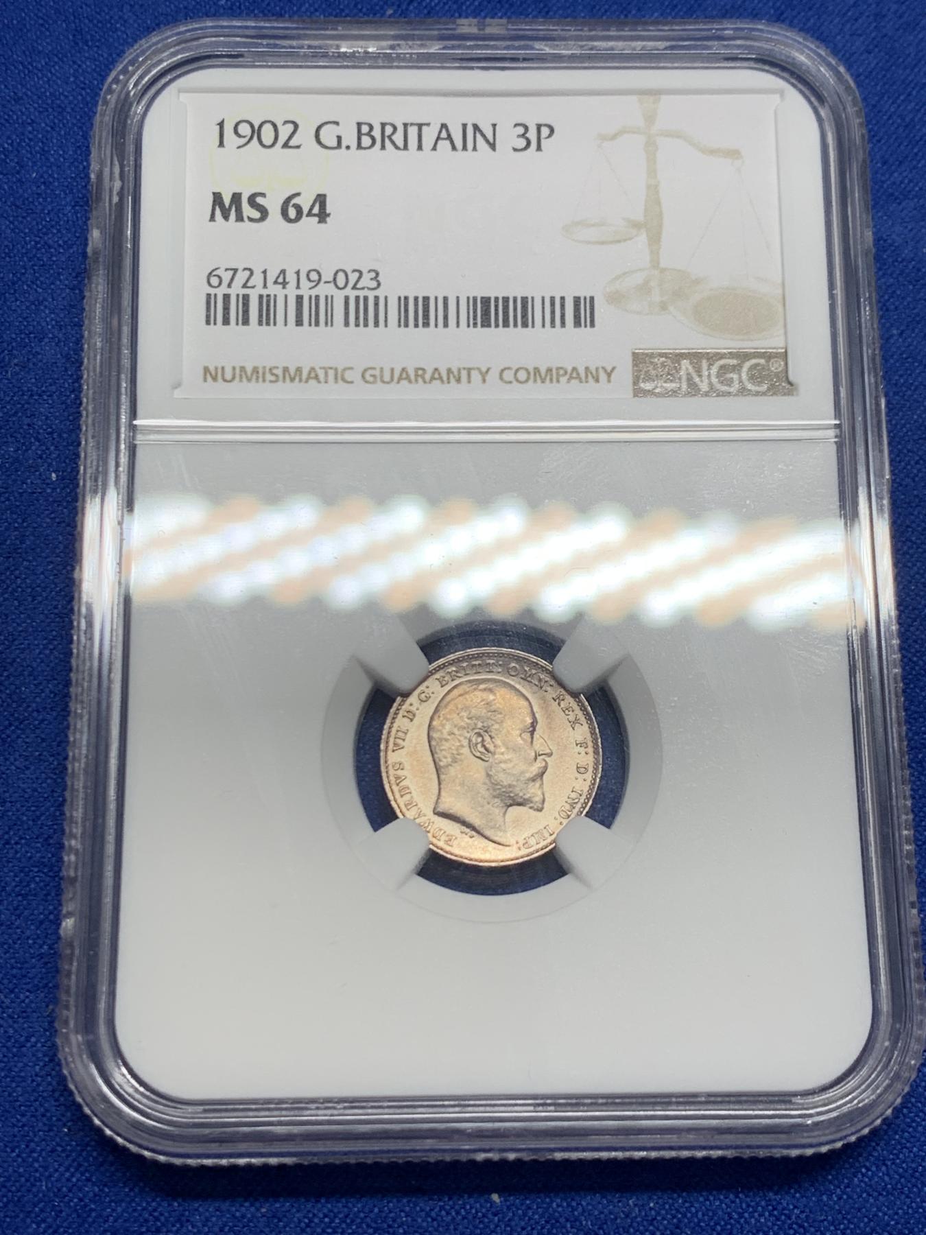 《竞宝斋》第270场- 周日，周一，周二  3场连拍 （全场包邮） NGC MS64 英国1902年爱德华七世3便士银币