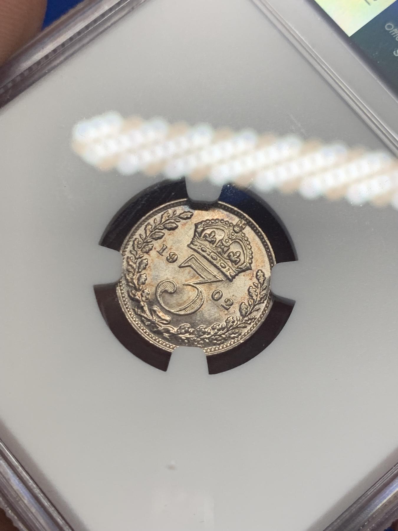 《竞宝斋》第270场- 周日，周一，周二  3场连拍 （全场包邮） NGC MS64 英国1902年爱德华七世3便士银币