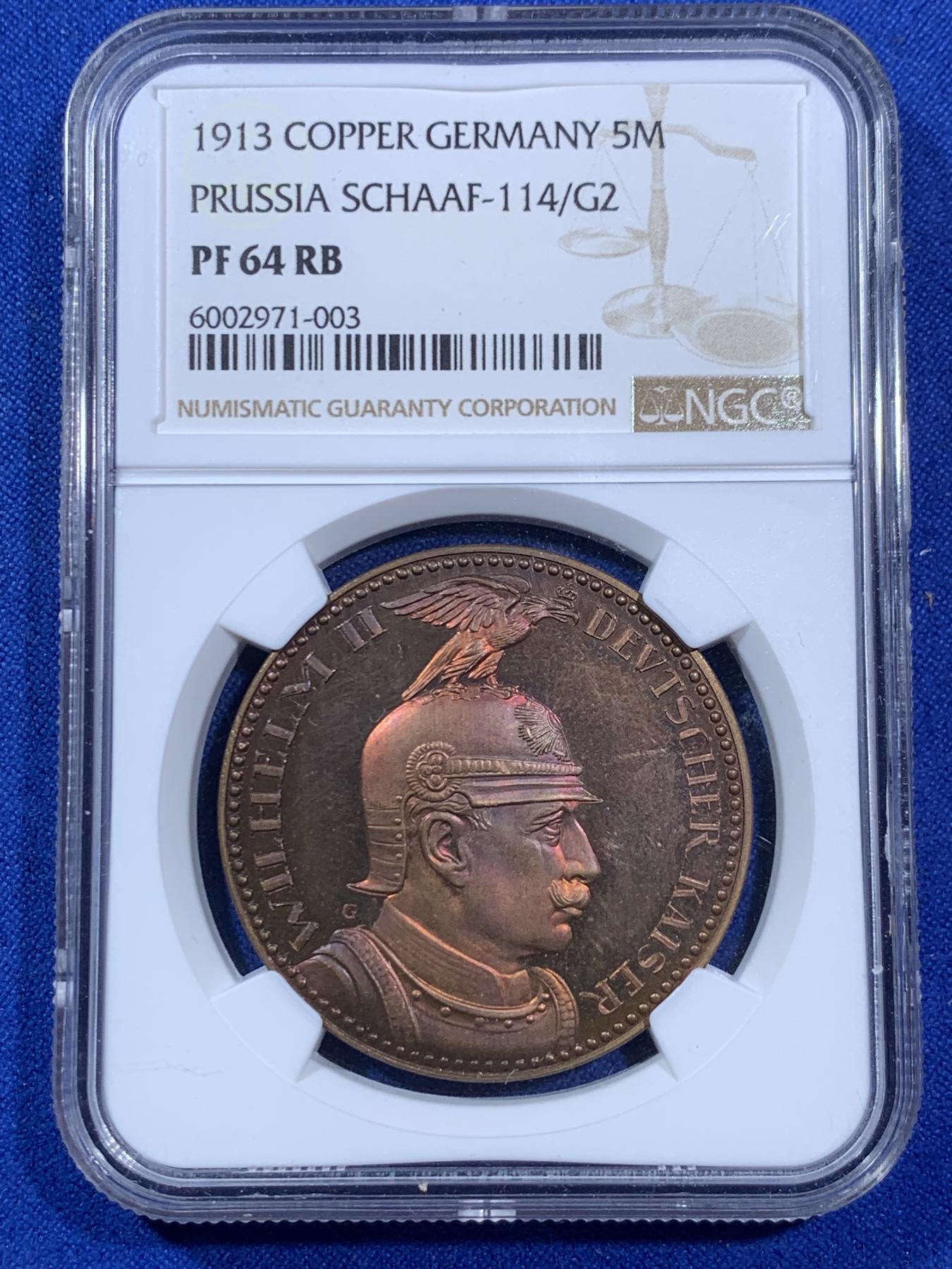 《竞宝斋》第270场- 周日，周一，周二  3场连拍 （全场包邮） NGC PF64RB 德国普鲁士1913年5马克铜样币 卡尔哥茨作品 镜面感强烈 背面梦幻蓝紫色包浆