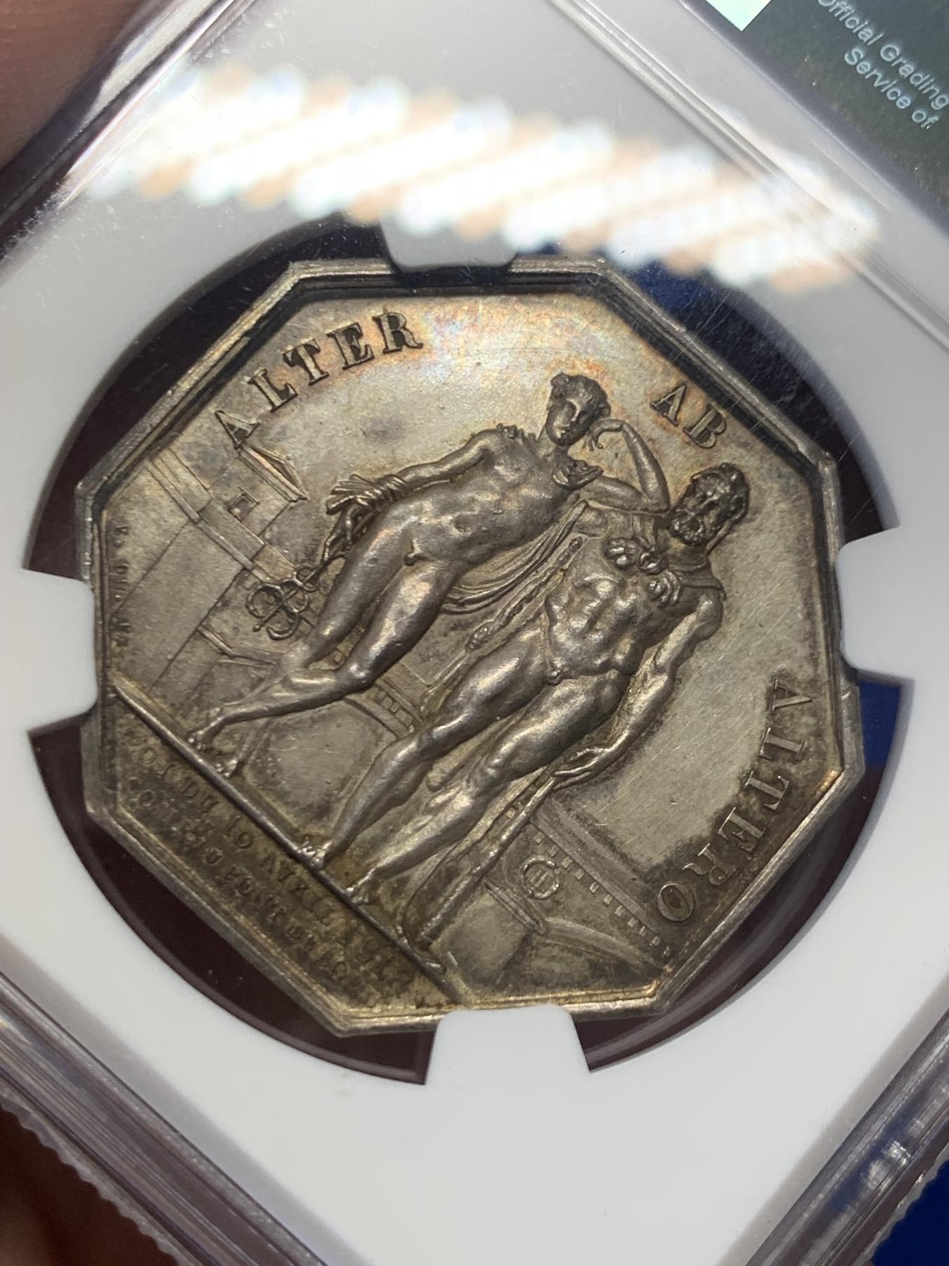 《竞宝斋》第271场-八角与章专场 周日，周一，周二  3场连拍 （全场包邮） NGC-MS61 法国路易十八波尔多石桥八角银质jeton，大力神赫拉克勒斯和商业之神赫尔墨斯