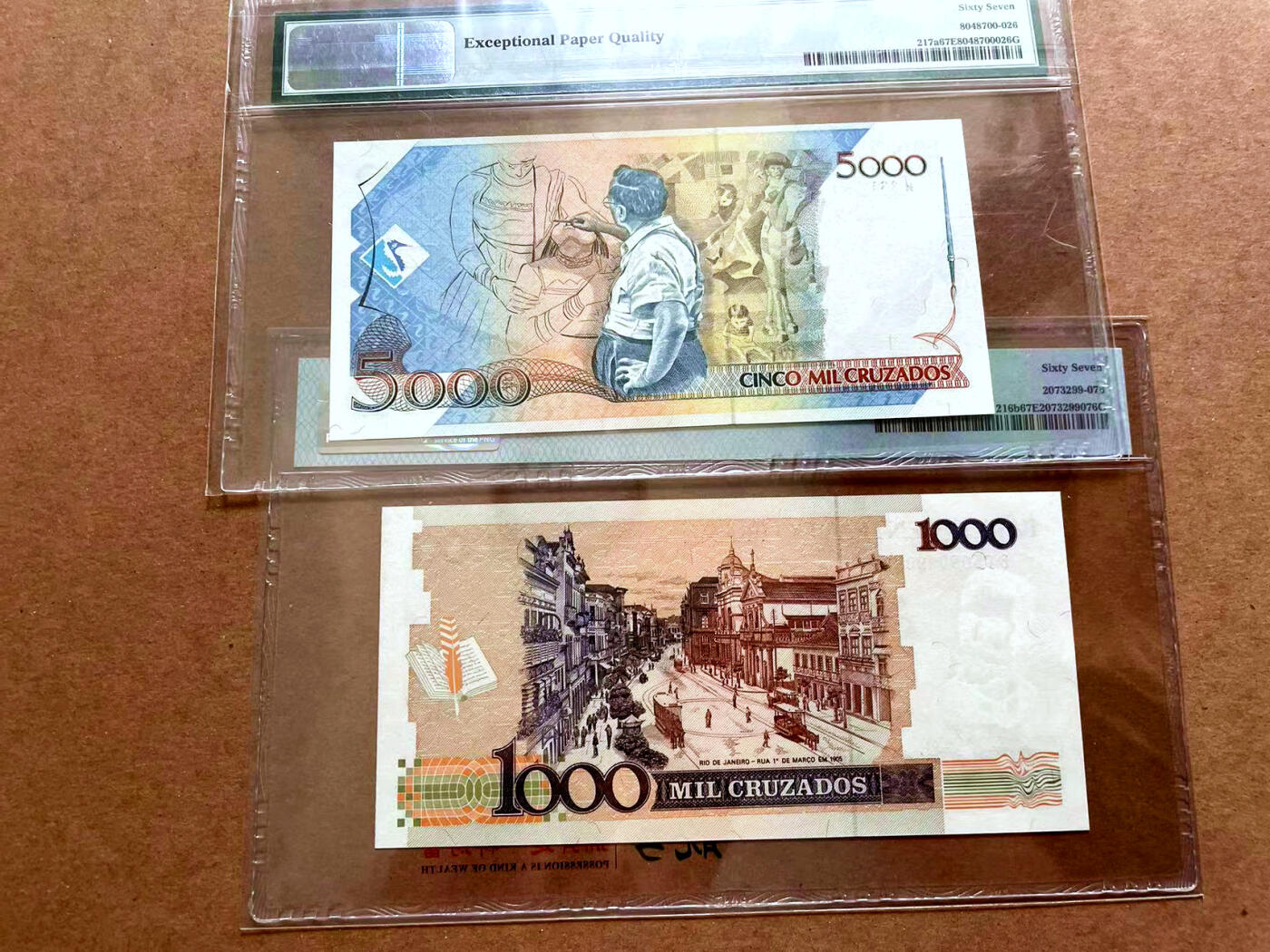 【Blue Auction】✨世界纸币精拍第479期【精】 【一组2张】巴西 1989年1-5克鲁塞罗加盖 PMG67EPQ 高分