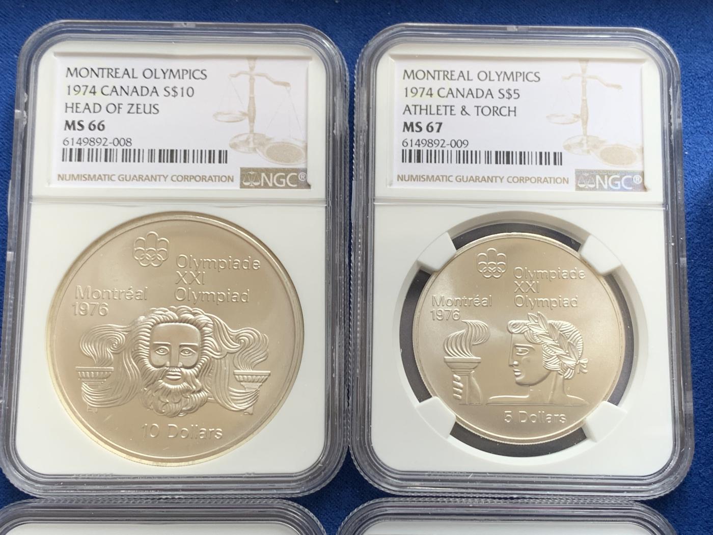 《竞宝斋》第270场- 周日，周一，周二  3场连拍 （全场包邮） 4枚一组 NGC MS66-69 加拿大1974年蒙特利尔奥运会纪念银币 全部为克朗型大银币 925银 合计重量144克 有原盒 少见品种
