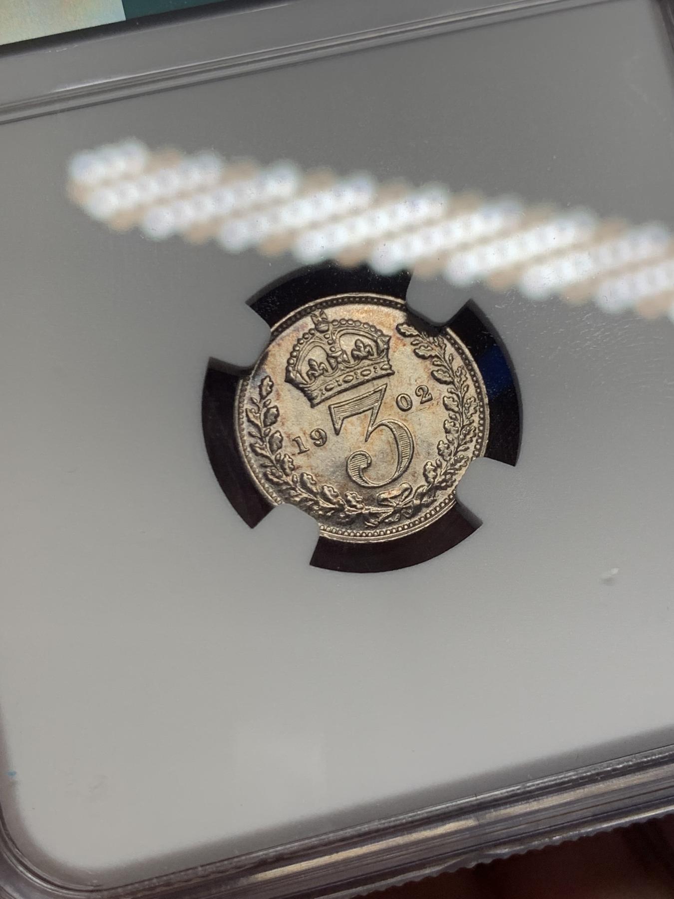 《竞宝斋》第270场- 周日，周一，周二  3场连拍 （全场包邮） NGC MS64 英国1902年爱德华七世3便士银币