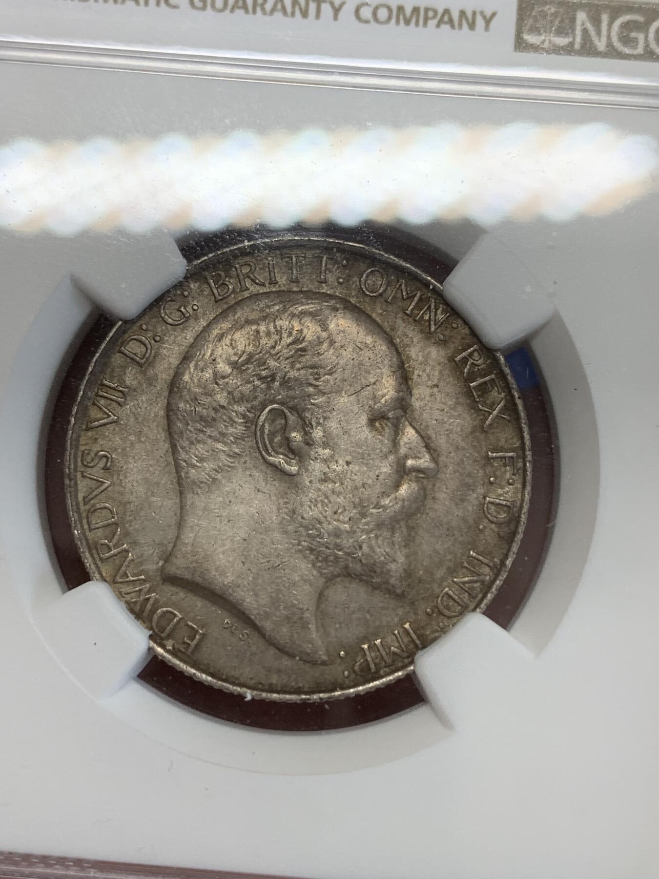 《竞宝斋》第270场- 周日，周一，周二  3场连拍 （全场包邮） NGC AU58 英国1902年爱德华七世海神弗洛林银币 经典品种 有些低评了