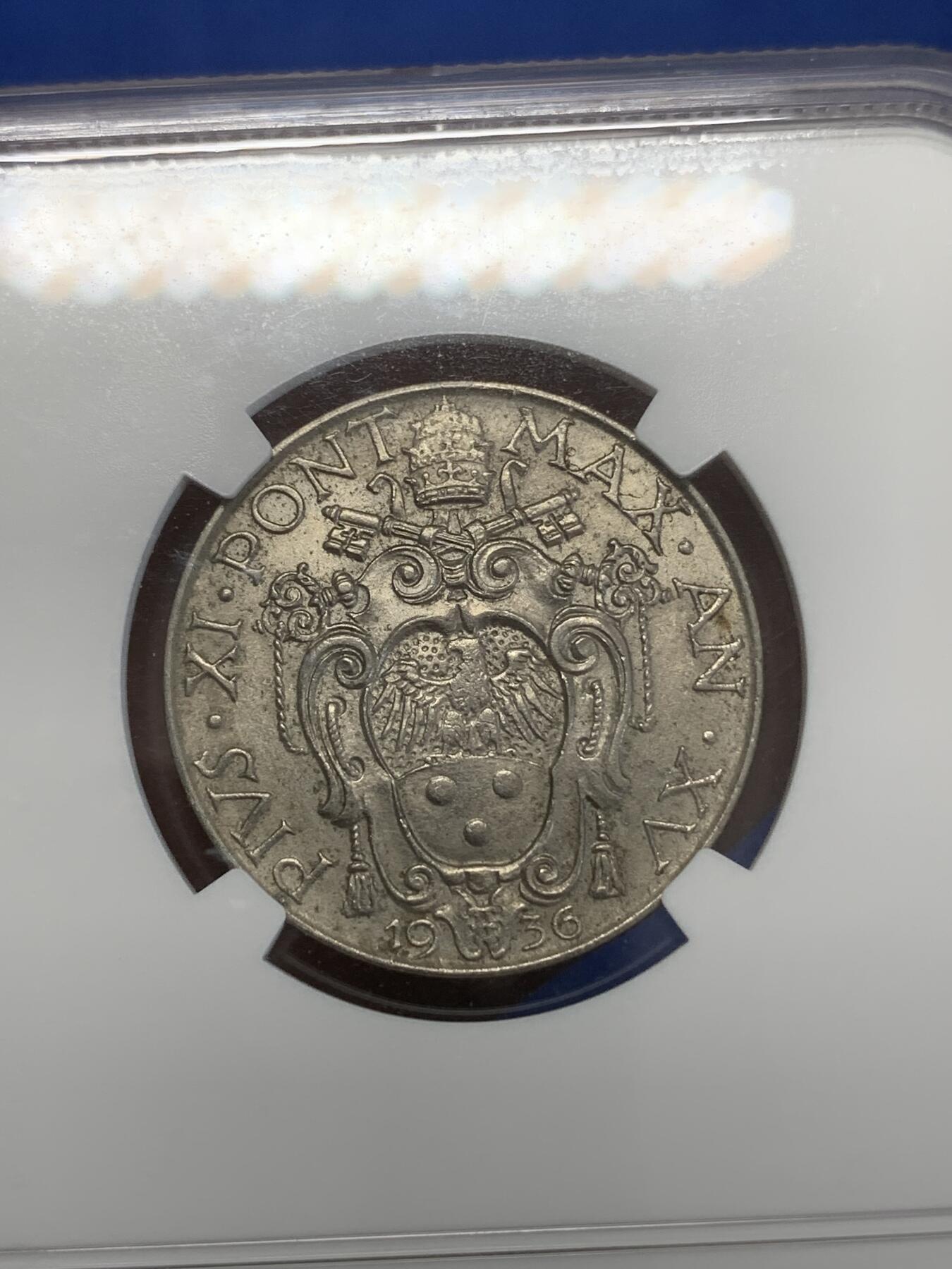 《竞宝斋》第270场- 周日，周一，周二  3场连拍 （全场包邮） NGC MS63 梵蒂冈 1936年 圣母像1里拉 意式美学典范