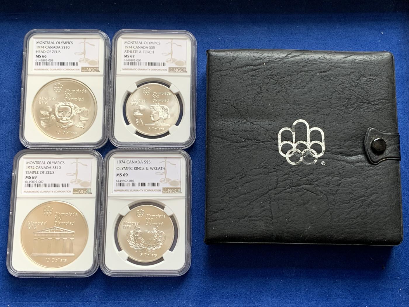 《竞宝斋》第270场- 周日，周一，周二  3场连拍 （全场包邮） 4枚一组 NGC MS66-69 加拿大1974年蒙特利尔奥运会纪念银币 全部为克朗型大银币 925银 合计重量144克 有原盒 少见品种