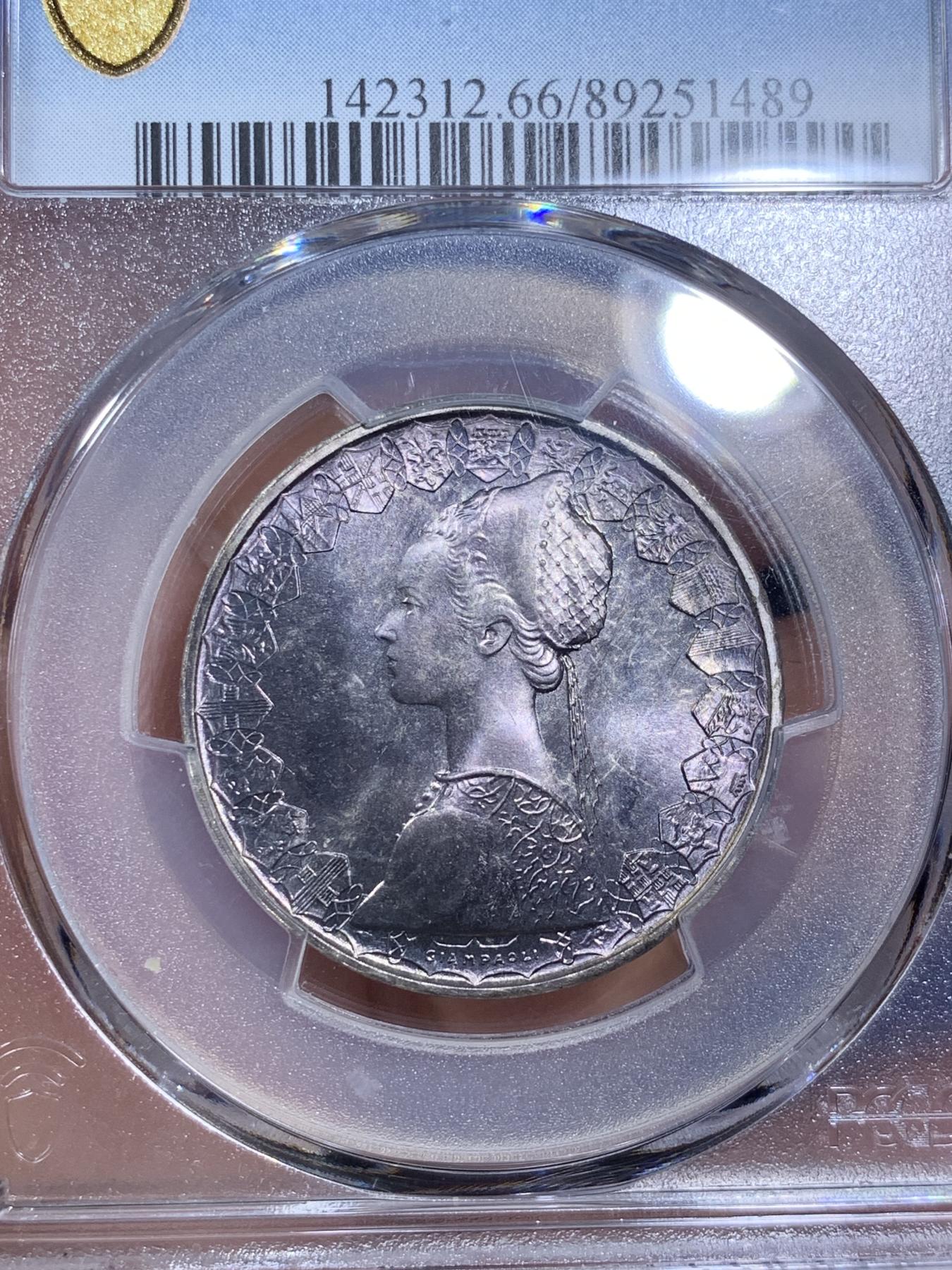 《竞宝斋》第270场- 周日，周一，周二  3场连拍 （全场包邮） PCGS MS66 意大利1970年500里拉人妻帆船银币 双面黑彩重包浆 高分好味道