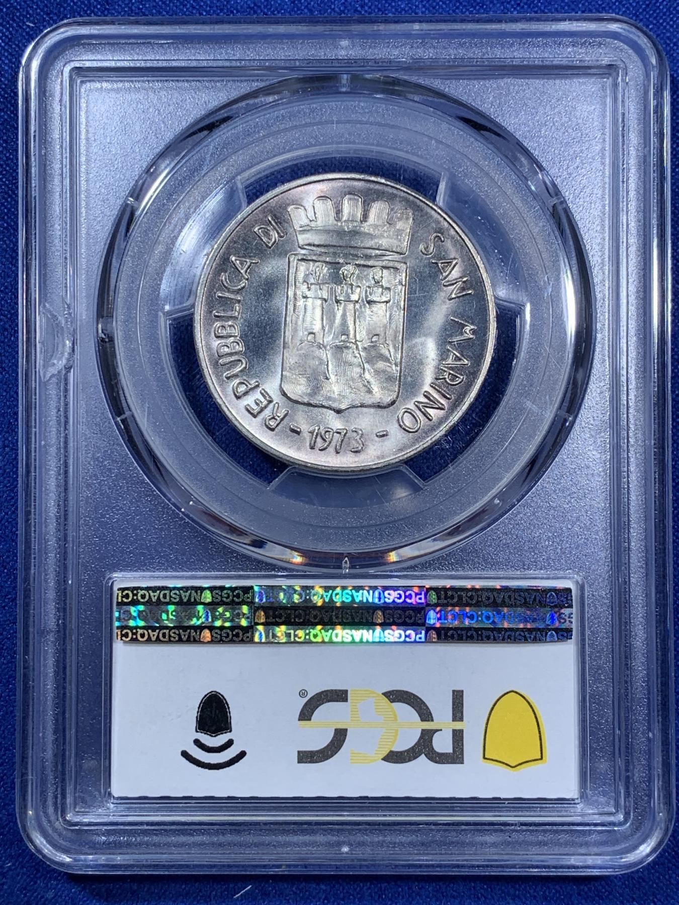 《竞宝斋》第270场- 周日，周一，周二  3场连拍 （全场包邮） PCGS MS66 亚军分 1973年圣马力诺500里拉银币 亲吻和平鸽的少女 背面盒子支撑小磕