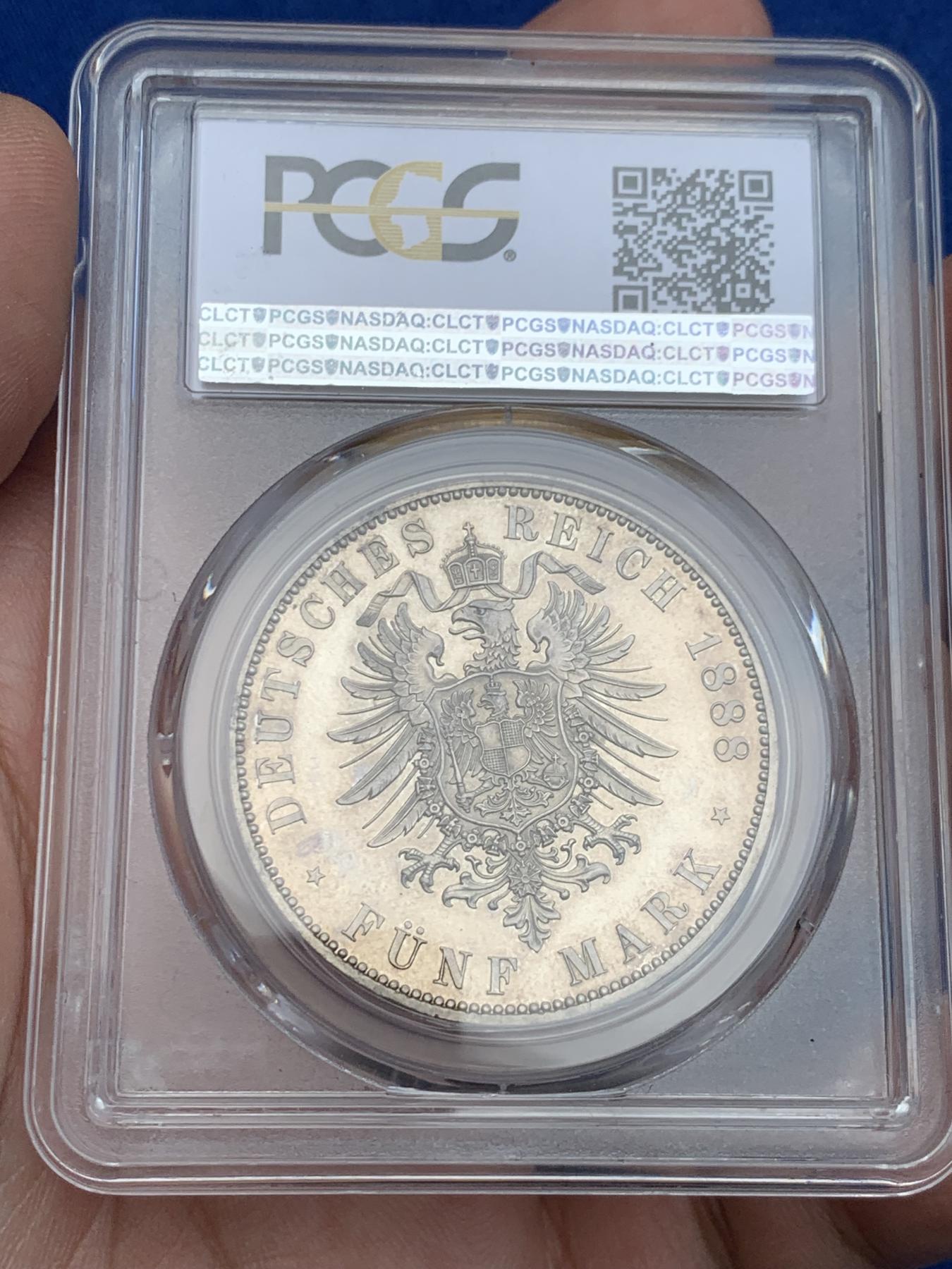 《竞宝斋》第270场- 周日，周一，周二  3场连拍 （全场包邮） PCGS PR62 德国 1888年 弗里德里希三世 德意志皇帝与普鲁士国王 精制版 5马克 大银币 如镜底面 非常的漂亮