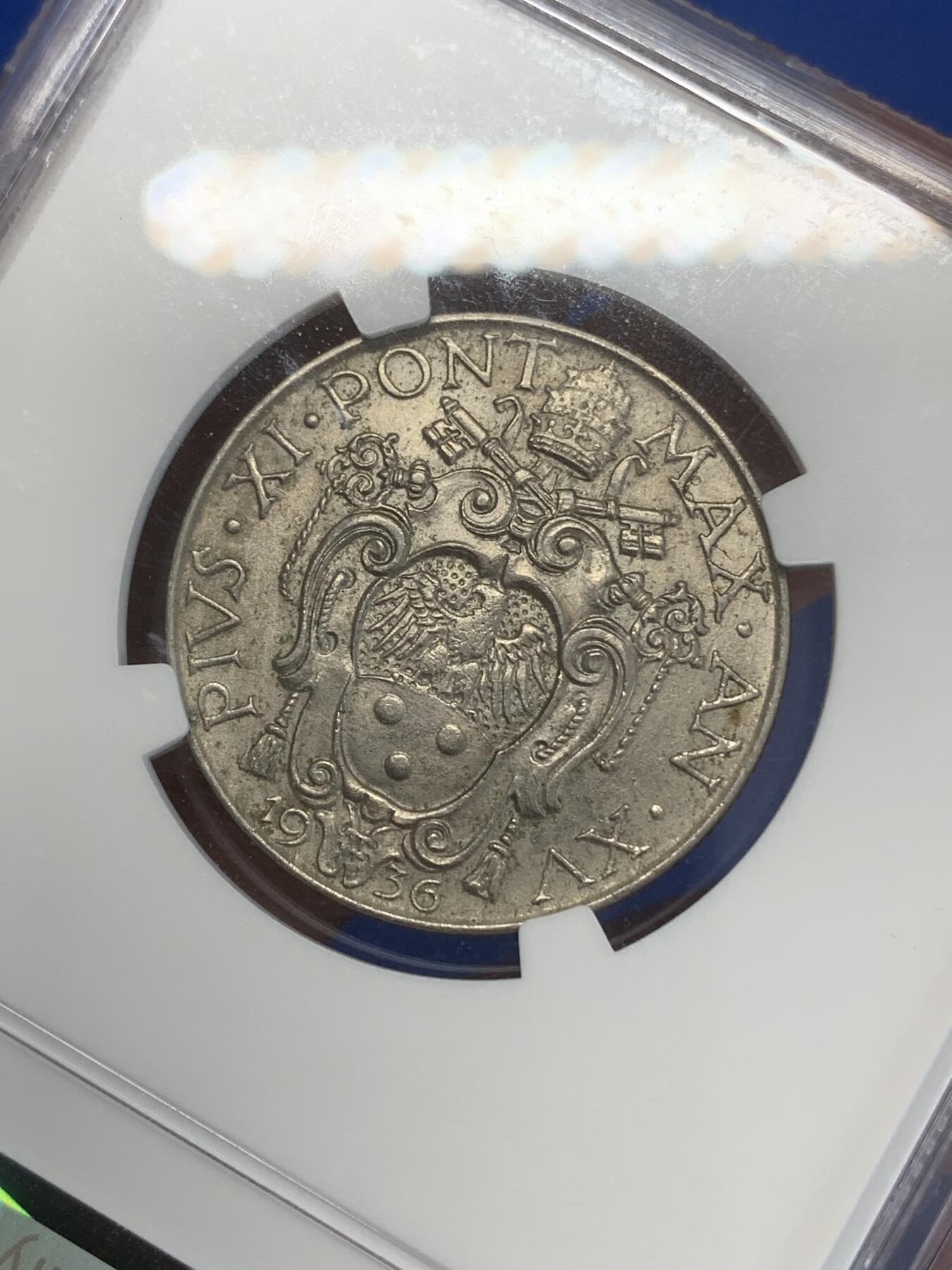 《竞宝斋》第270场- 周日，周一，周二  3场连拍 （全场包邮） NGC MS63 梵蒂冈 1936年 圣母像1里拉 意式美学典范