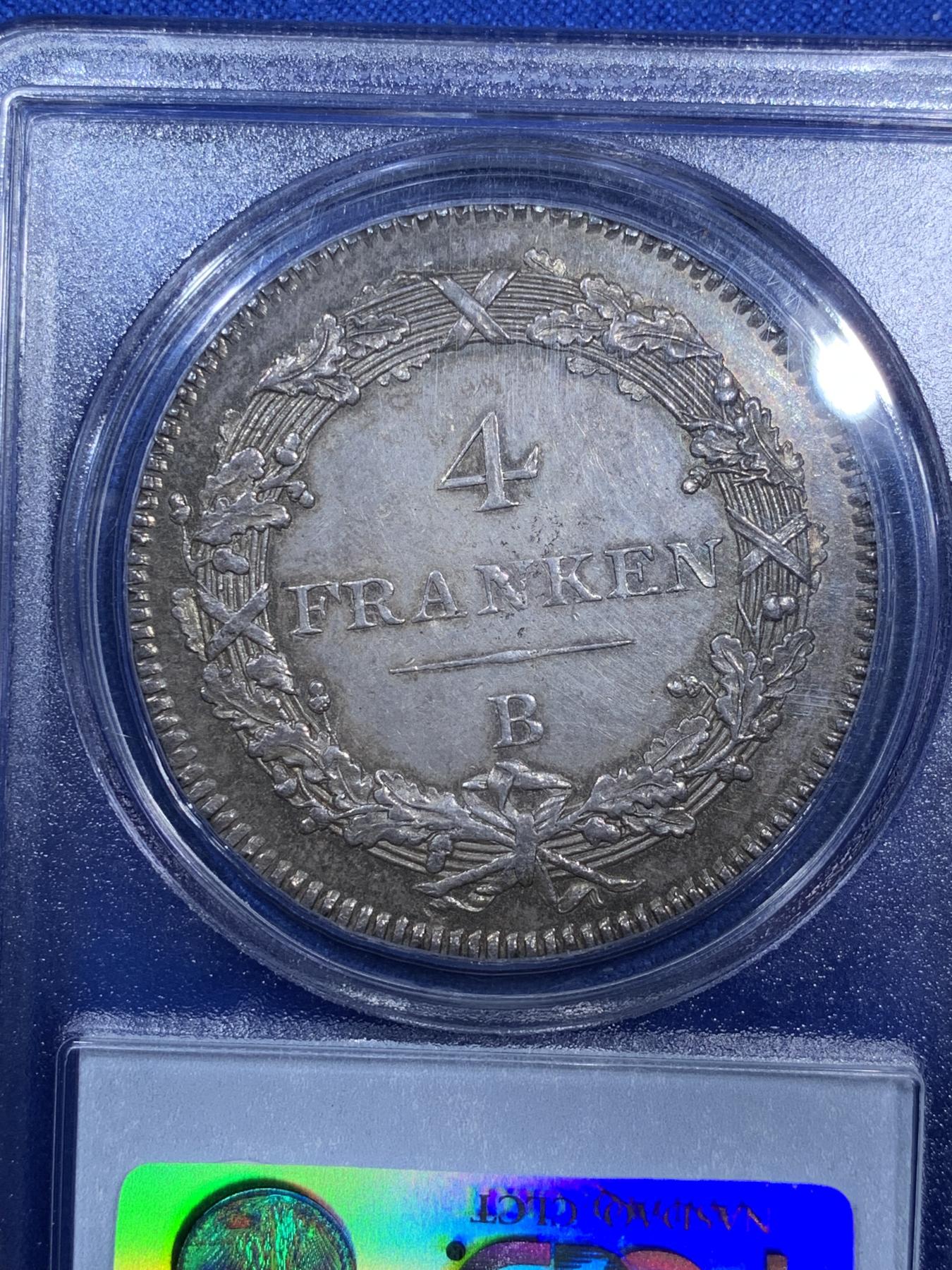 《竞宝斋》第270场- 周日，周一，周二  3场连拍 （全场包邮） PCGS AU58  瑞士 1801 海尔维蒂共和国 4法郎 银币 稀少首见品种