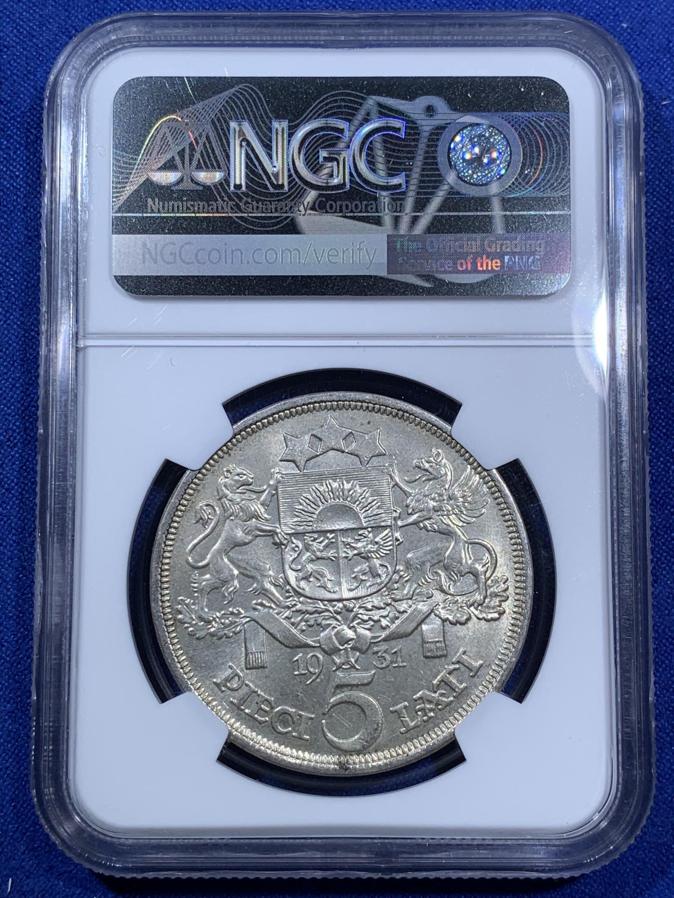 《竞宝斋》第270场- 周日，周一，周二  3场连拍 （全场包邮） NGC MS64 拉脱维亚1931年谷物女神5拉特大银币 64分已经很少见了 外拍大涨品种