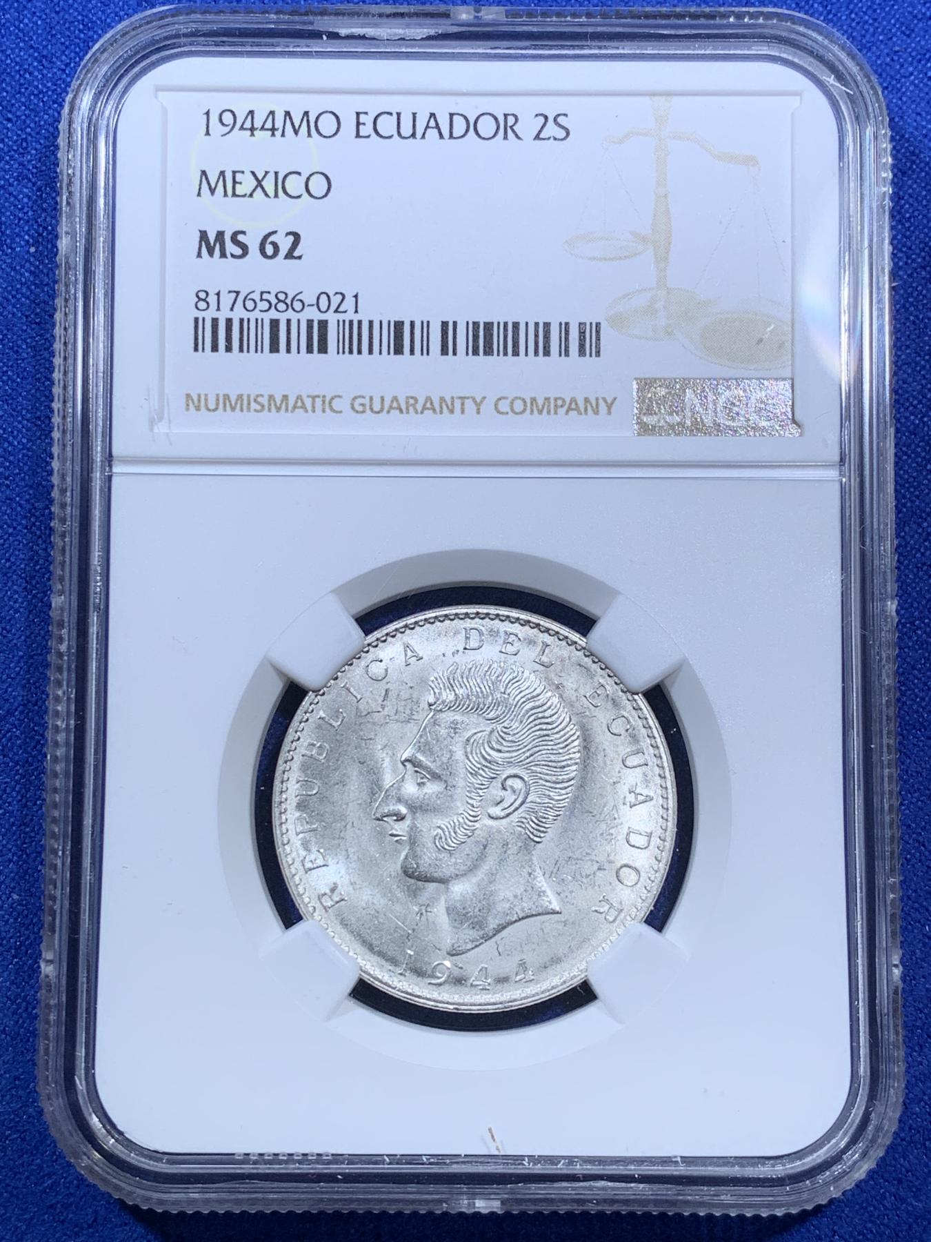 《竞宝斋》第270场- 周日，周一，周二  3场连拍 （全场包邮） NGC MS62 厄瓜多尔1944年2苏克雷银币 少见面值