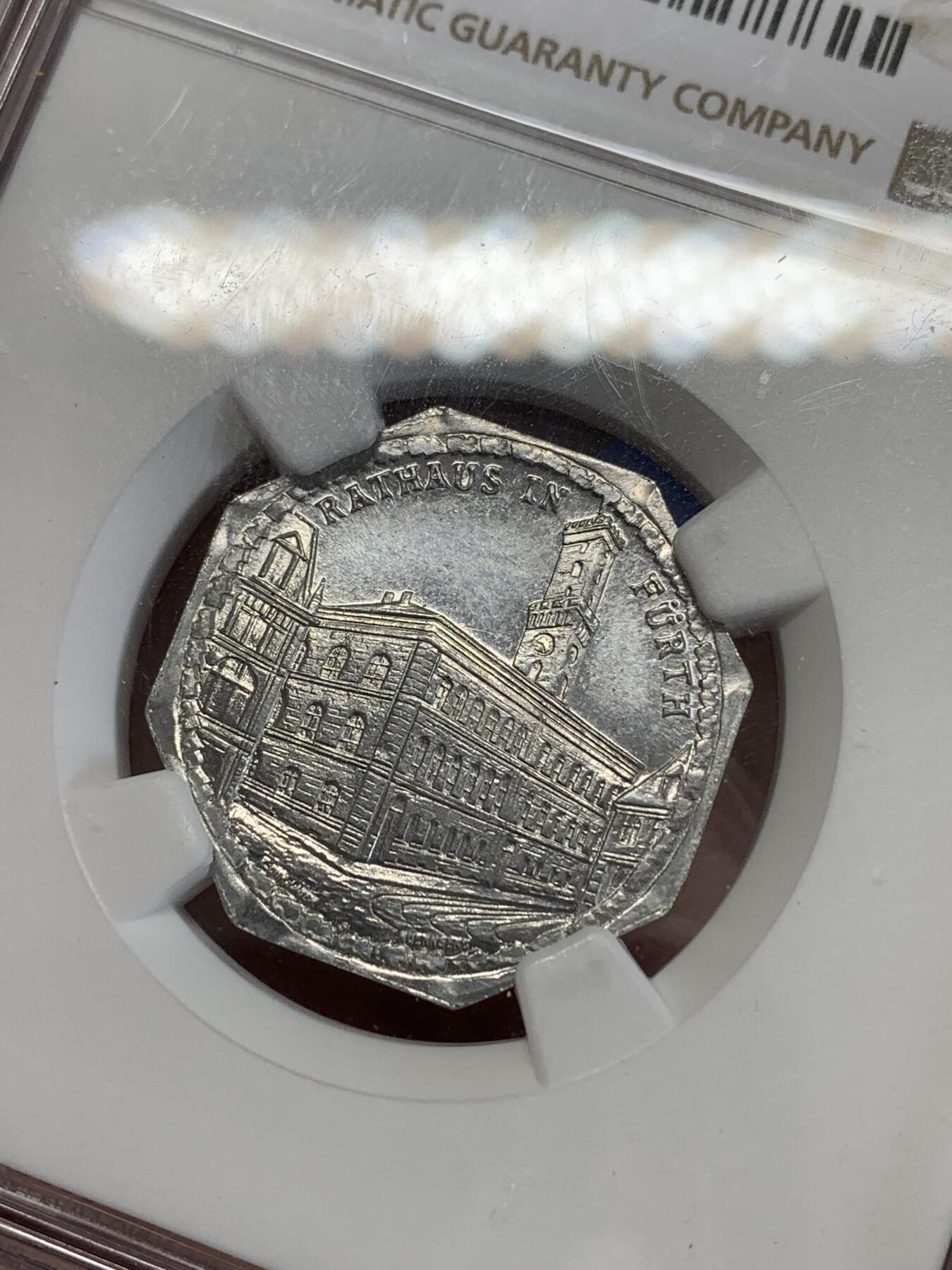 《竞宝斋》第270场- 周日，周一，周二  3场连拍 （全场包邮） NGC MS62 德国德紧纽伦堡电车代用币20芬尼八角币