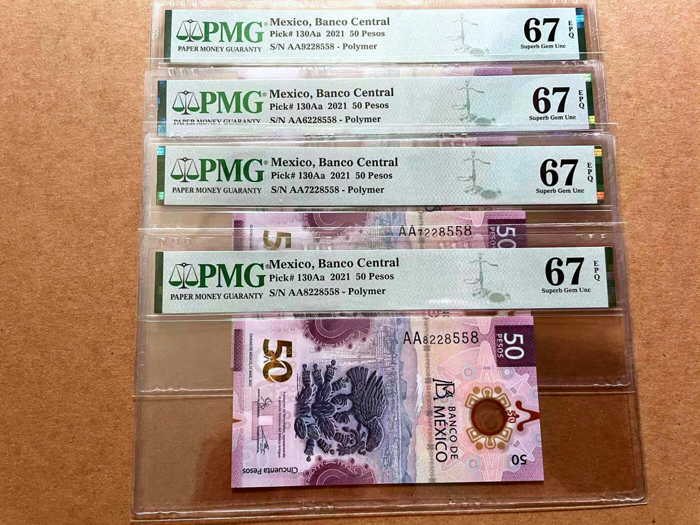 【Blue Auction】✨世界纸币精拍第479期【精】 【一组4张AA冠尾6同 不同签名 获奖钞】墨西哥 2021年50比索 PMG67EPQ 高分