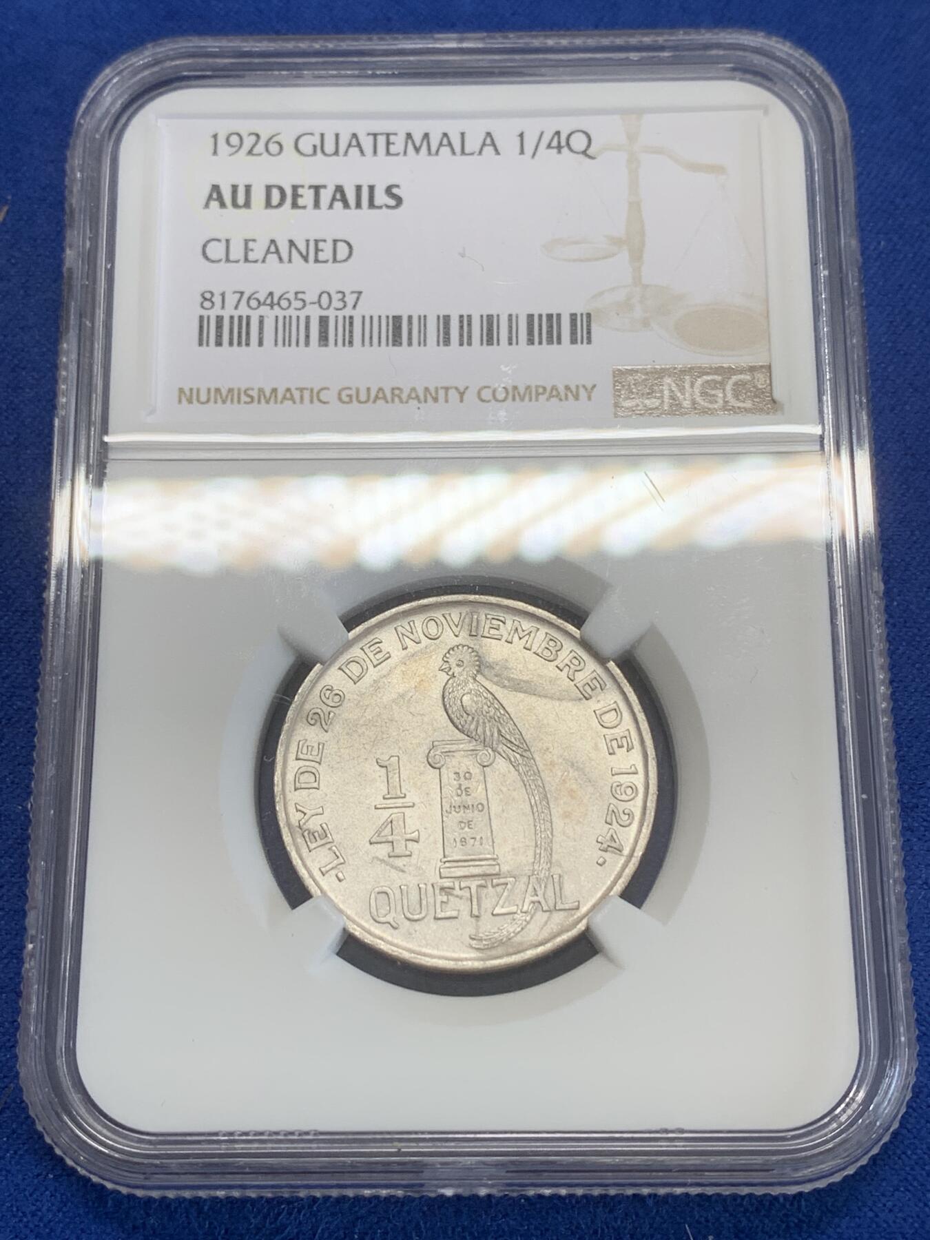 《竞宝斋》第270场- 周日，周一，周二  3场连拍 （全场包邮） NGC AUD 危地马拉1926年1/4Q银币