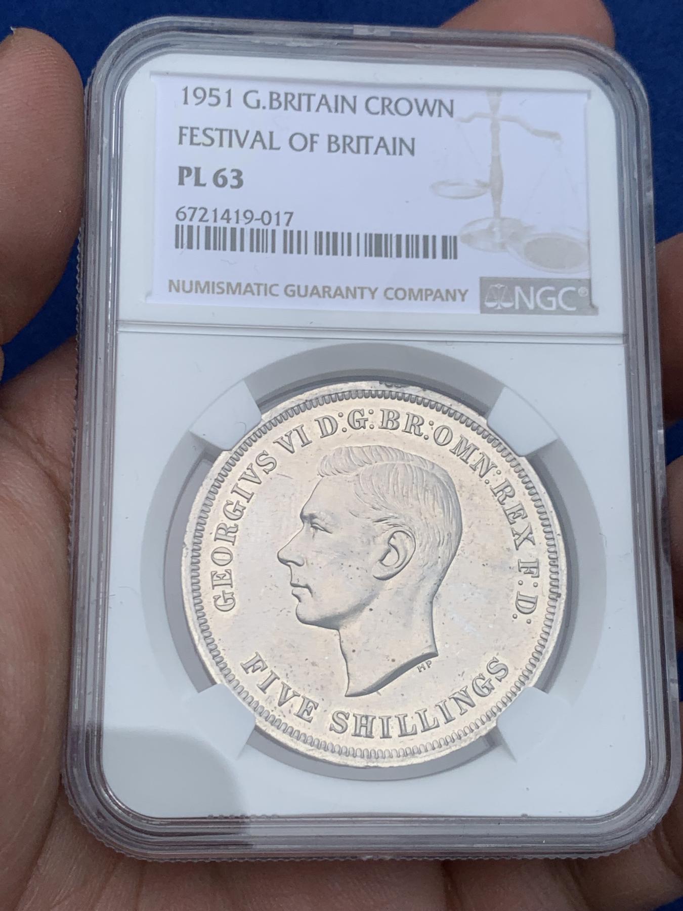 《竞宝斋》第270场- 周日，周一，周二  3场连拍 （全场包邮） NGC PL63 英国1951年乔治六世1克朗镍马剑 状态不错
