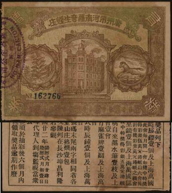 恩福第2024年春季拍卖 （广州）民国二十二年（1933年）广州市河南罗奇生烟庄有奖赠券，华夏评级63
