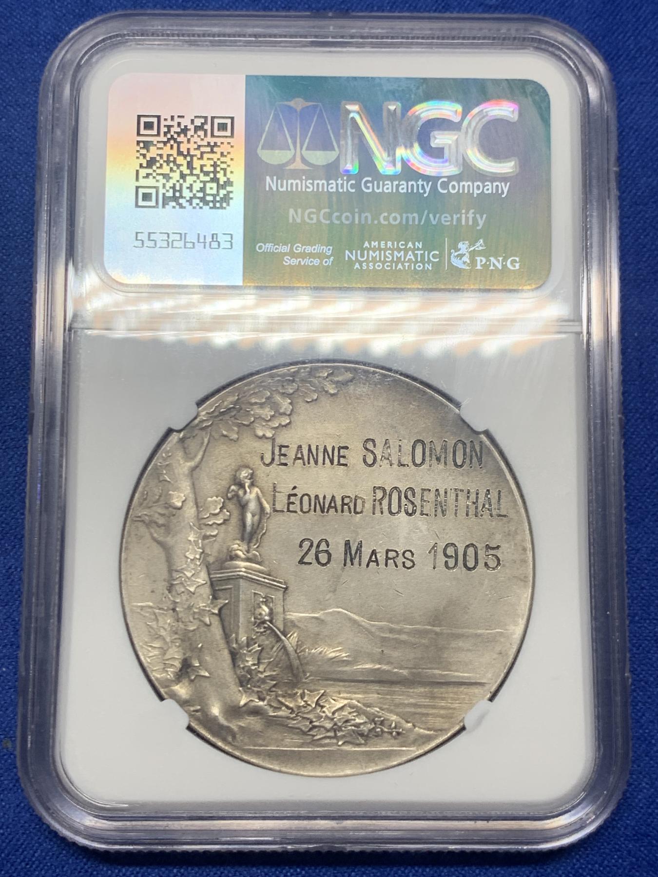 《竞宝斋》第271场-八角与章专场 周日，周一，周二  3场连拍 （全场包邮） NGC-MS62 法国1905年O.Roty “永恒的爱”爱情与婚姻题材纪念银章