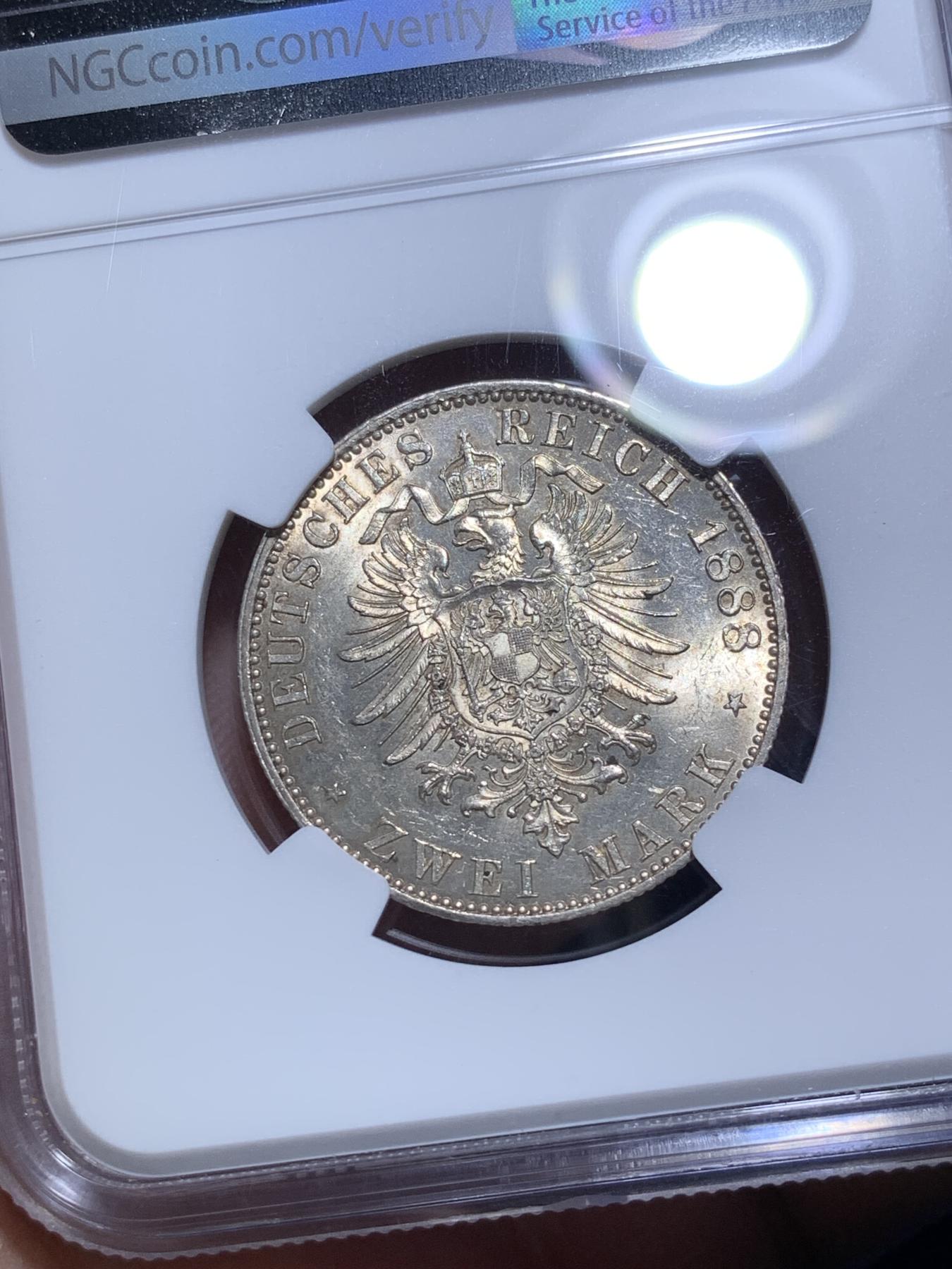 《竞宝斋》第270场- 周日，周一，周二  3场连拍 （全场包邮） NGC MS62 德意志帝国 1888年 2马克 银币